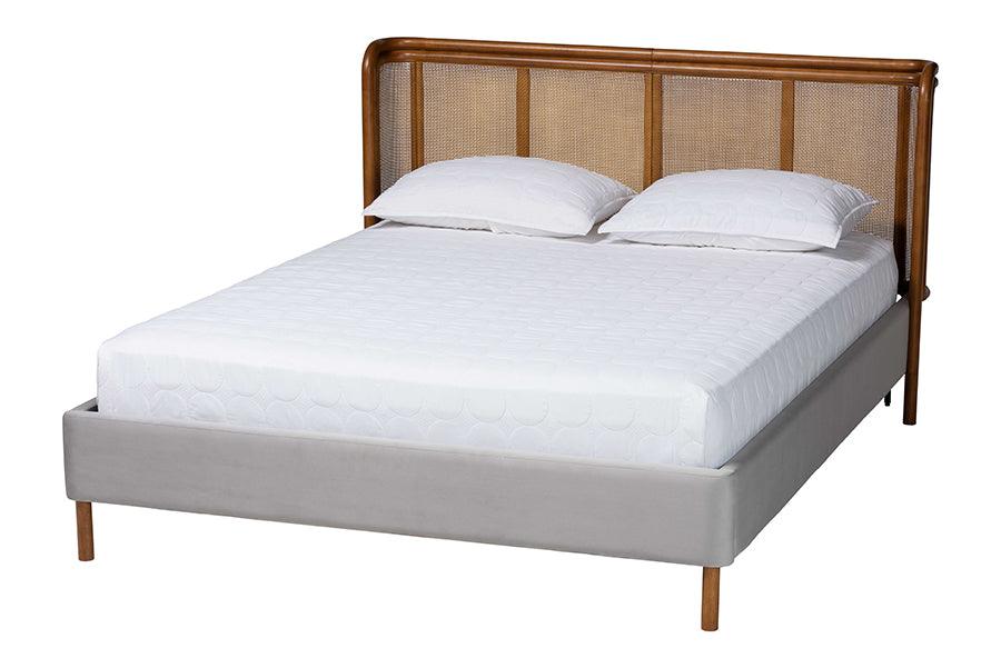 Harrell Mid-Century Modern Velvet and Woven Rattan Wood Bed