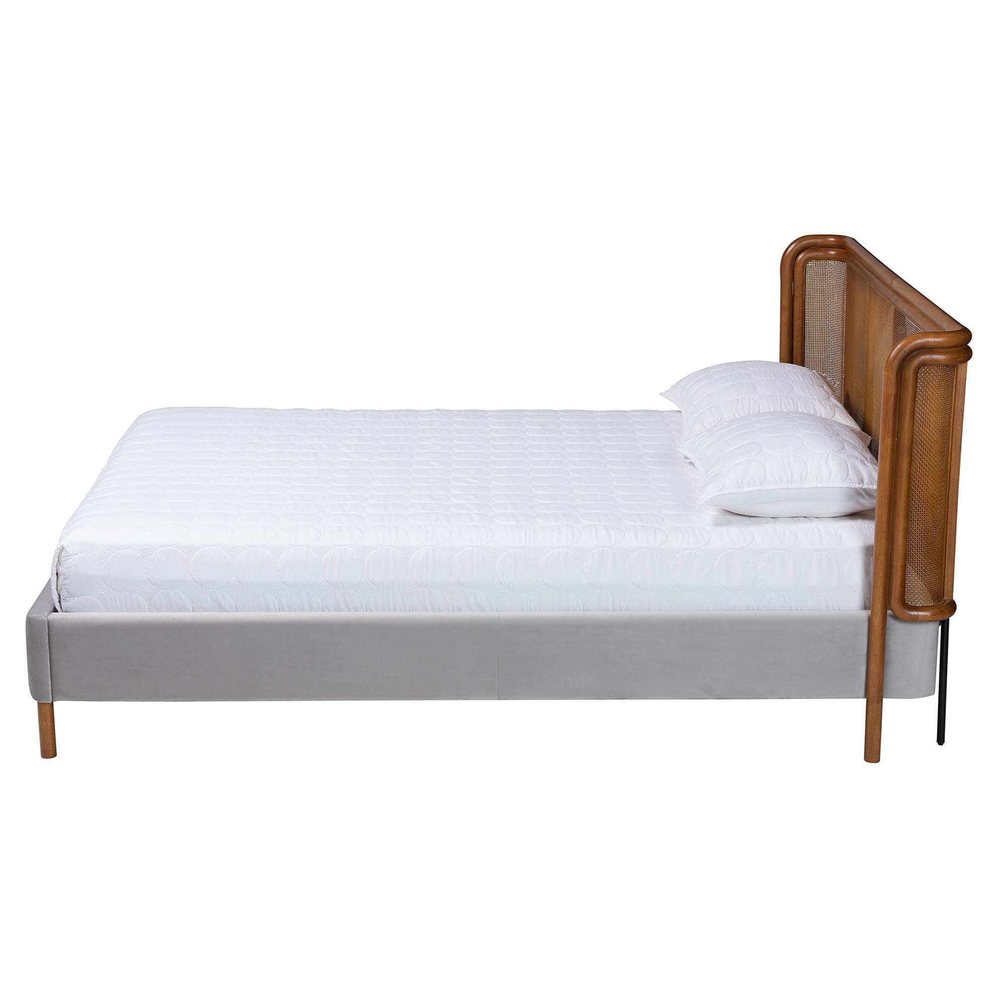 Harrell Mid-Century Modern Velvet and Woven Rattan Wood Bed