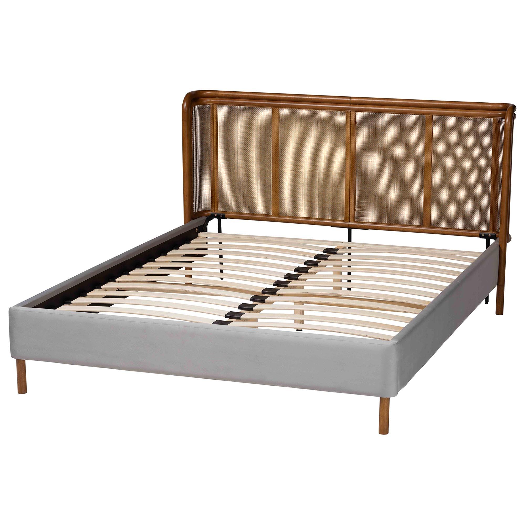 Harrell Mid-Century Modern Velvet and Woven Rattan Wood Bed