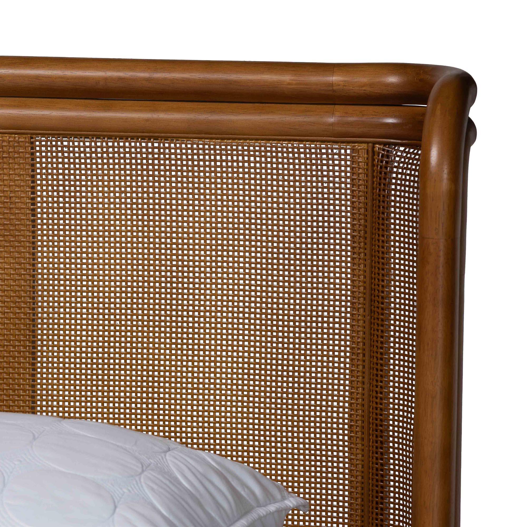 Harrell Mid-Century Modern Velvet and Woven Rattan Wood Bed