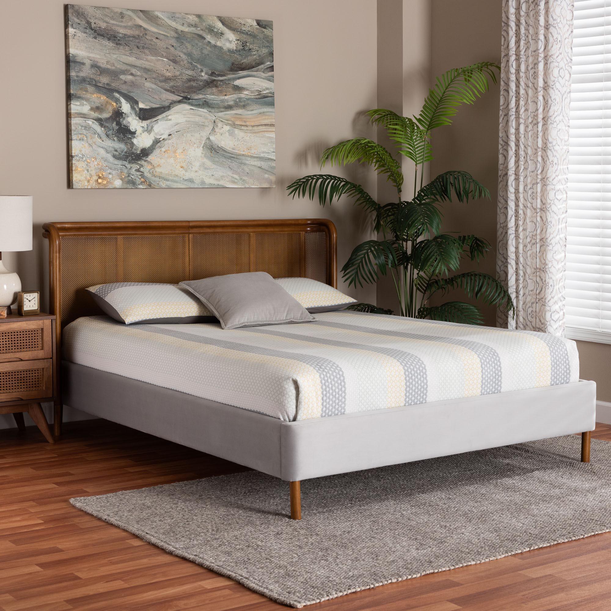 Harrell Mid-Century Modern Velvet and Woven Rattan Wood Bed