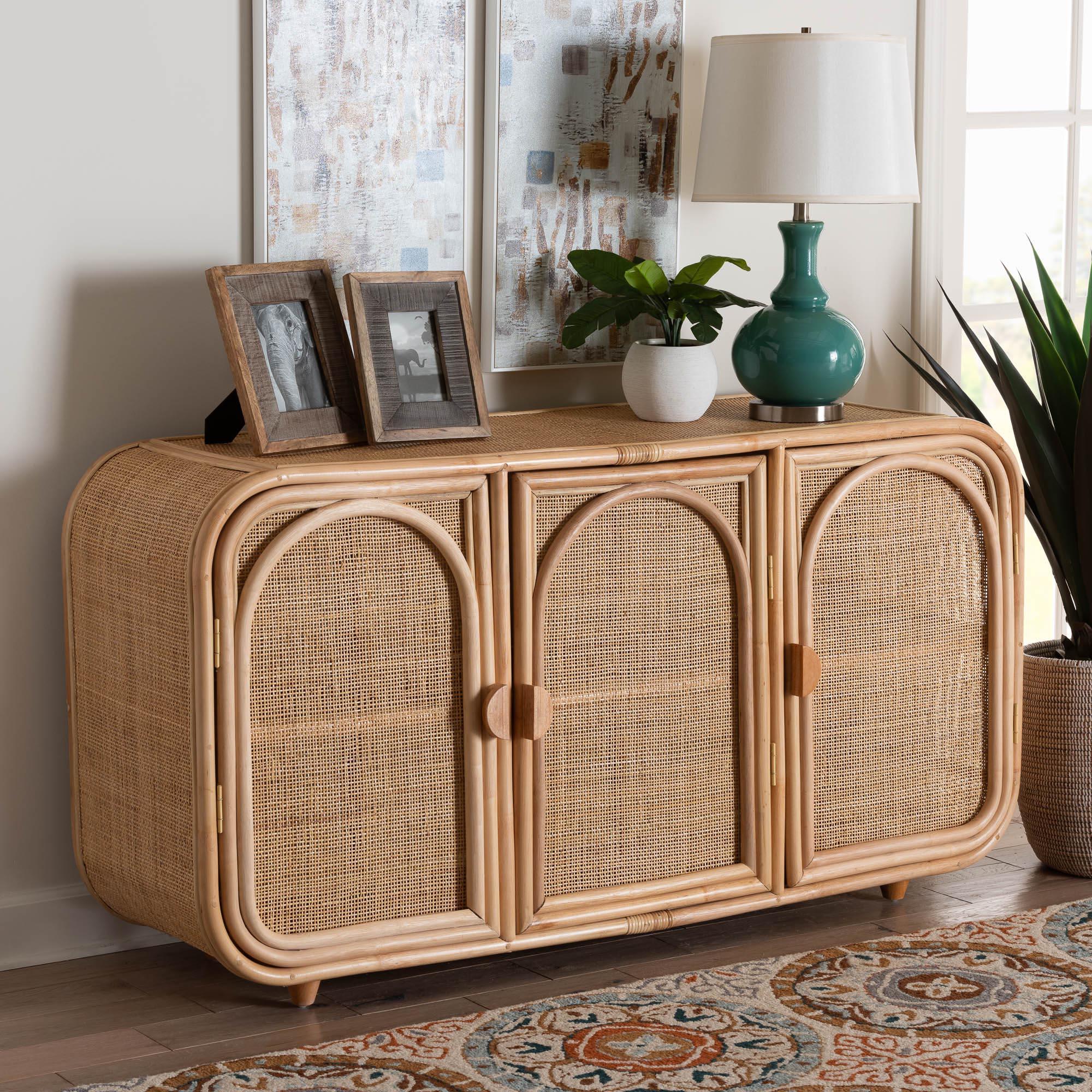 bali & pari Evania Bohemian Rattan 3-Door Storage Cabinet