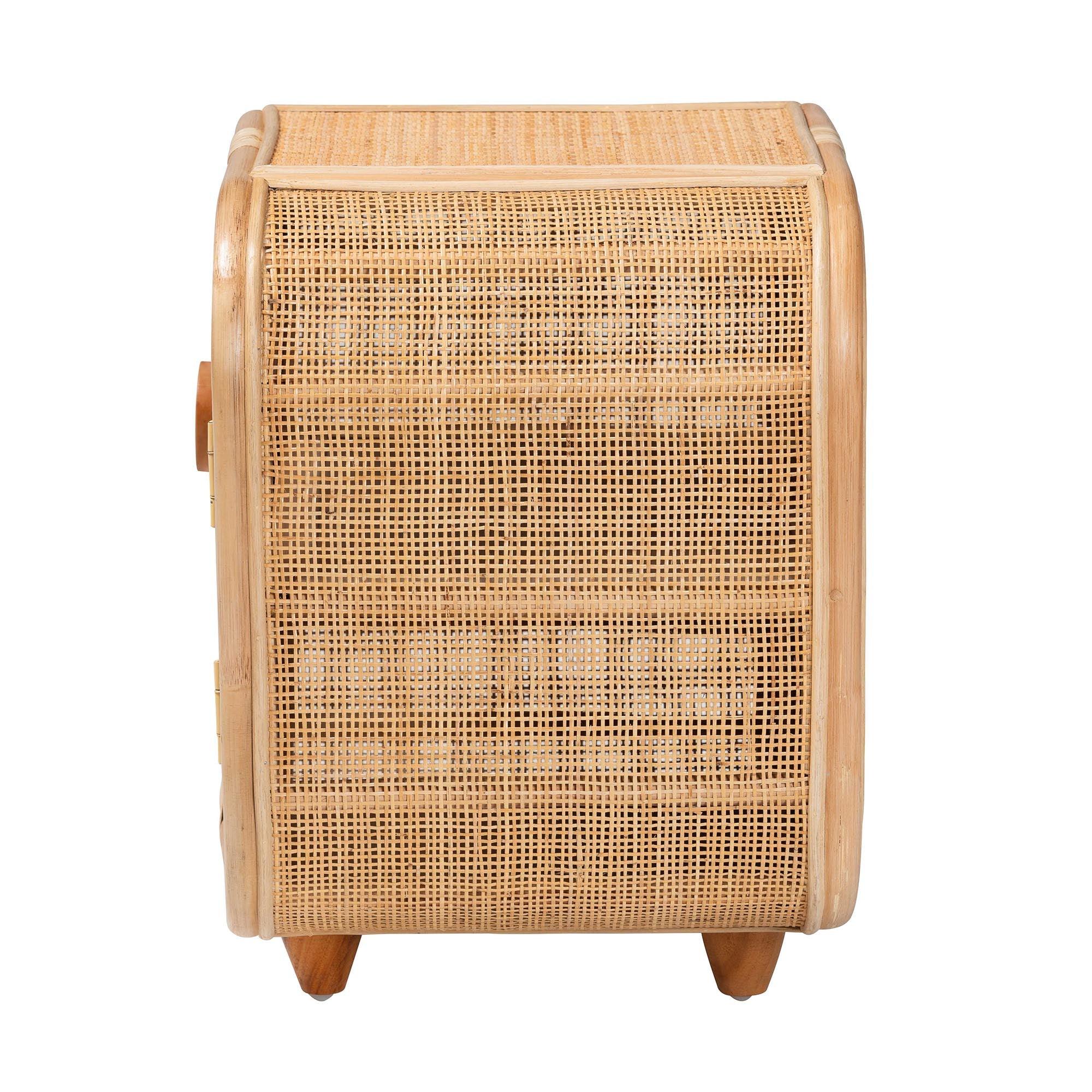 bali & pari Keita Bohemian Rattan and Mahogany Wood Nightstand