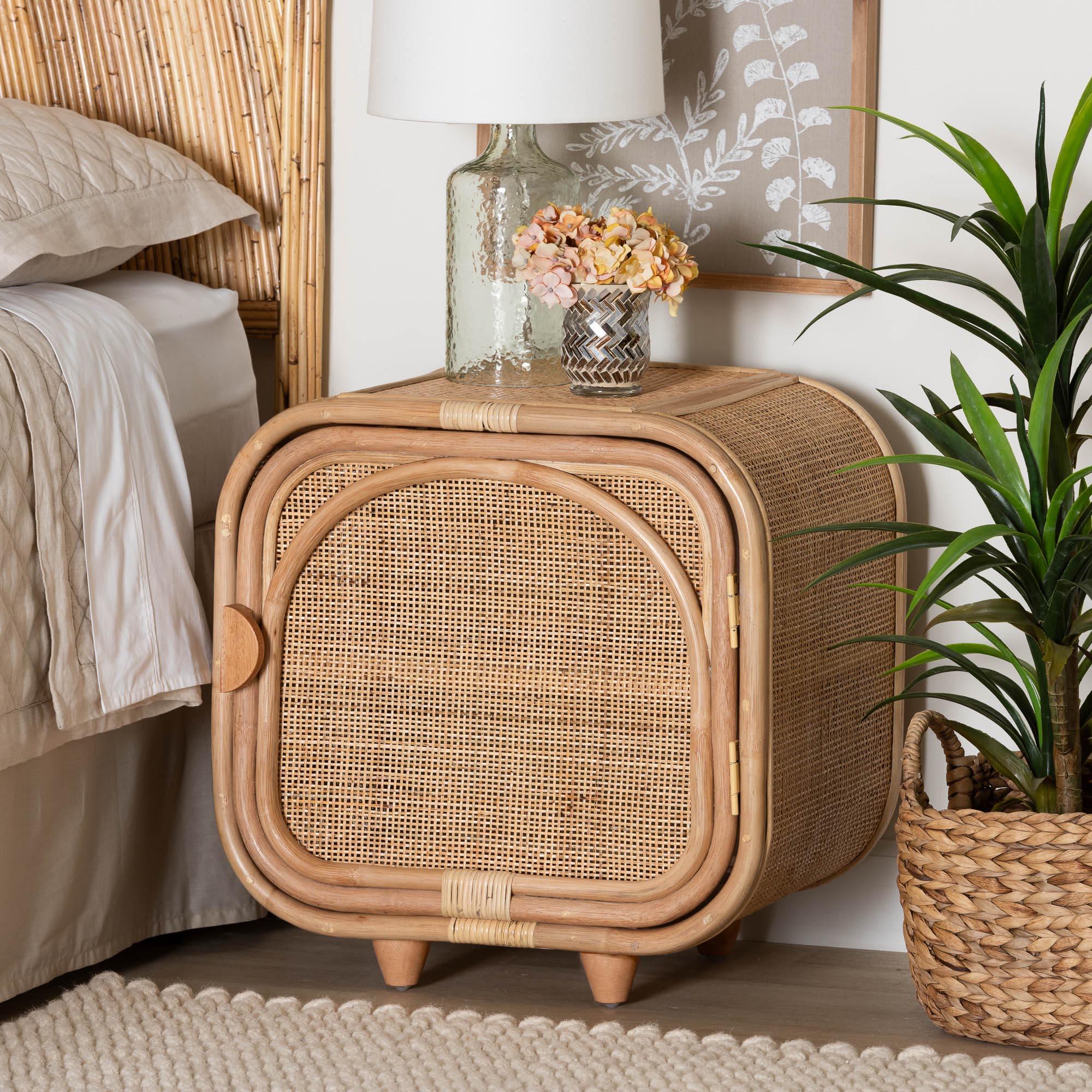 bali & pari Keita Bohemian Rattan and Mahogany Wood Nightstand