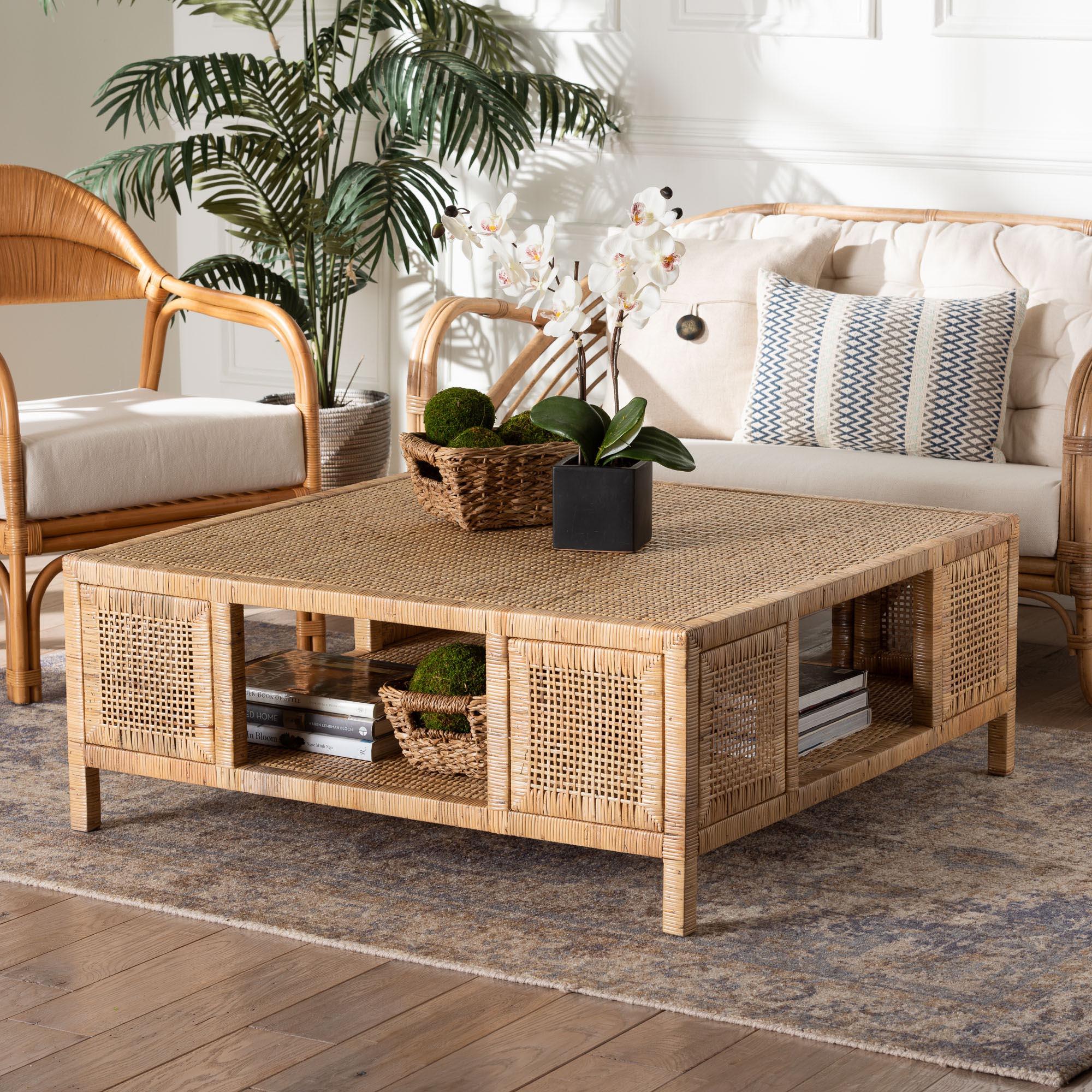 bali & pari Kalimantan Bohemian Light Honey Rattan and Mahogany Wood Square Coffee Table