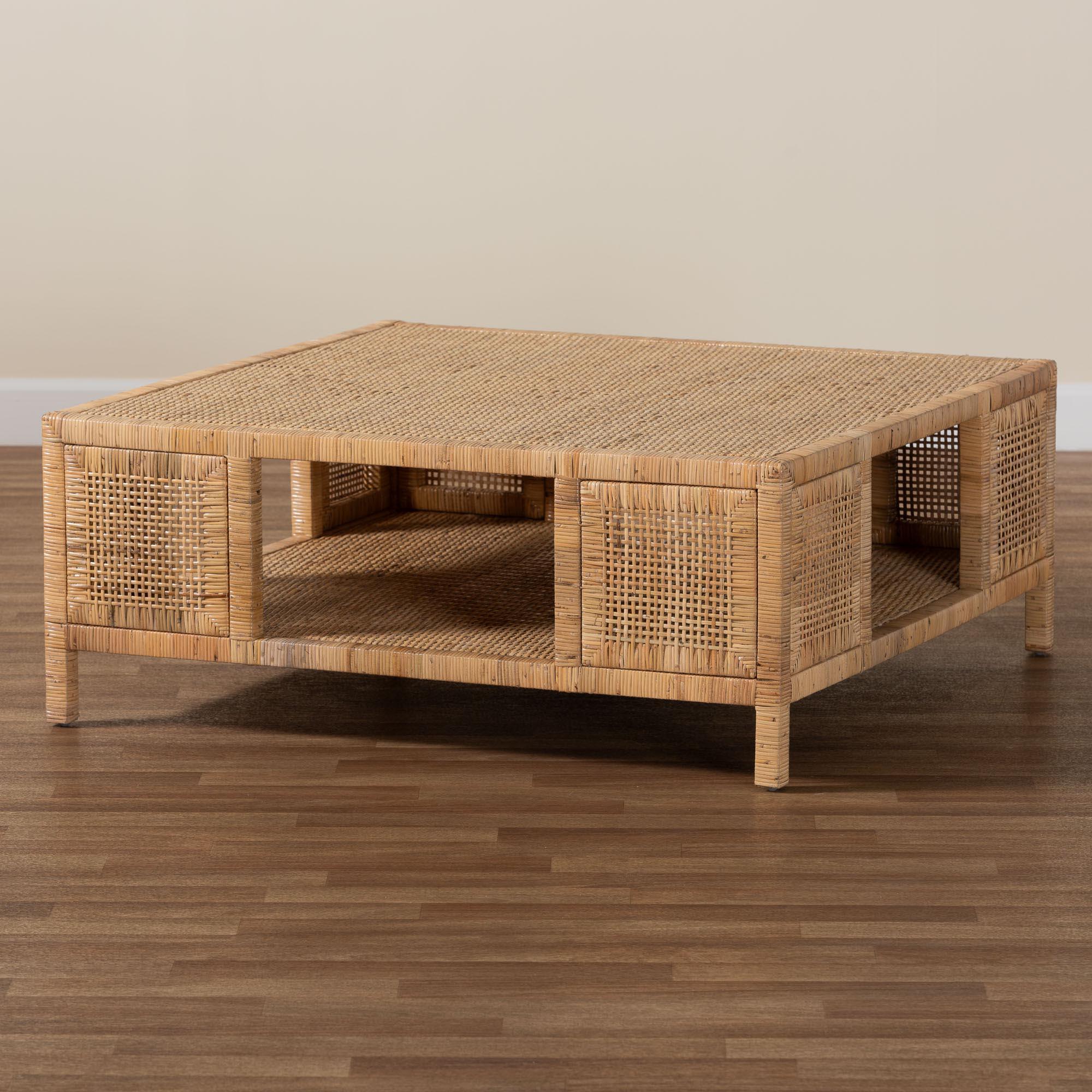 bali & pari Kalimantan Bohemian Light Honey Rattan and Mahogany Wood Square Coffee Table