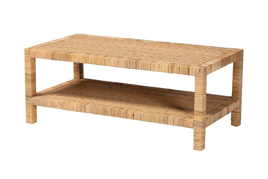 bali & pari Kalimantan Bohemian Light Honey Rattan and Mahogany Wood Rectangle Coffee Table