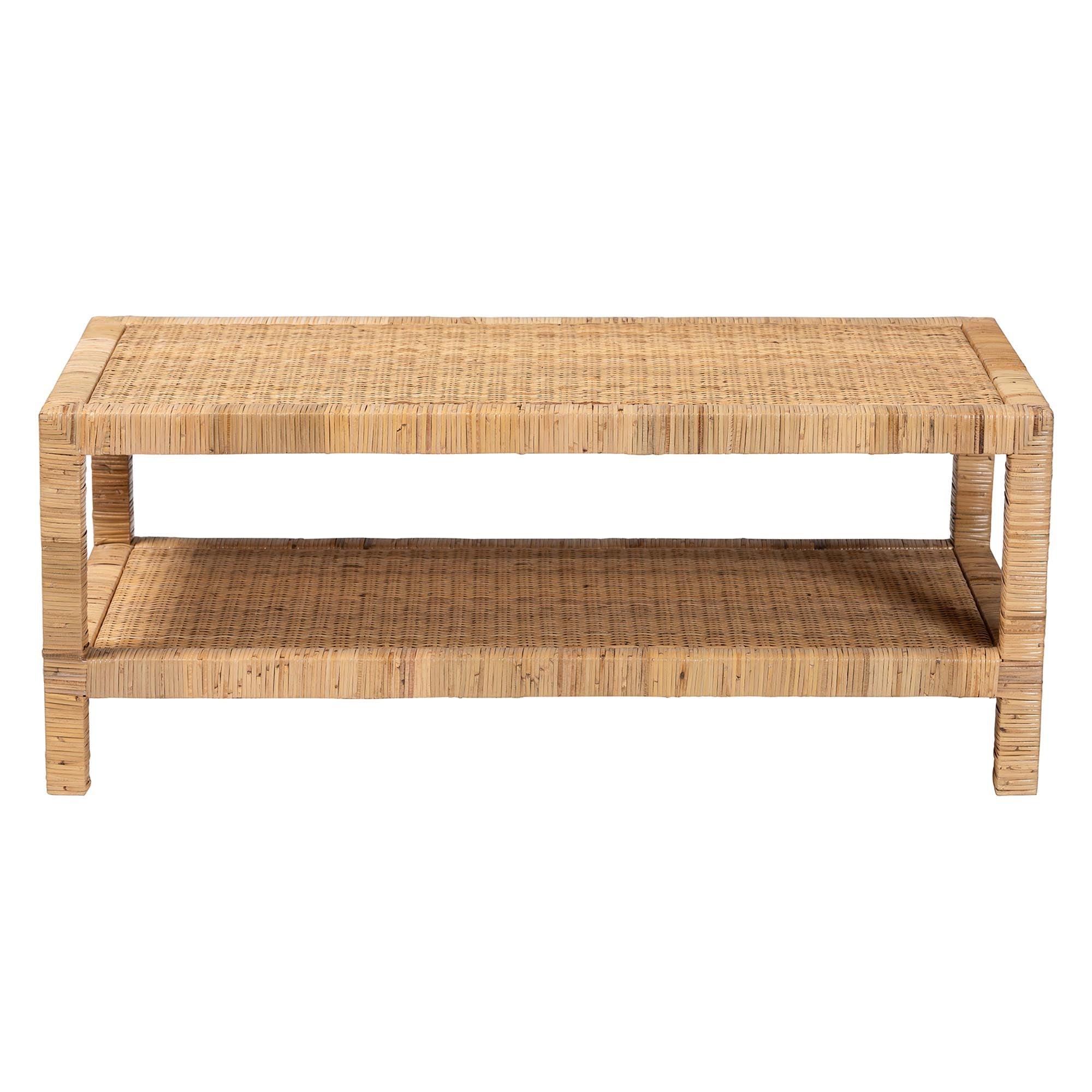 bali & pari Kalimantan Bohemian Light Honey Rattan and Mahogany Wood Rectangle Coffee Table