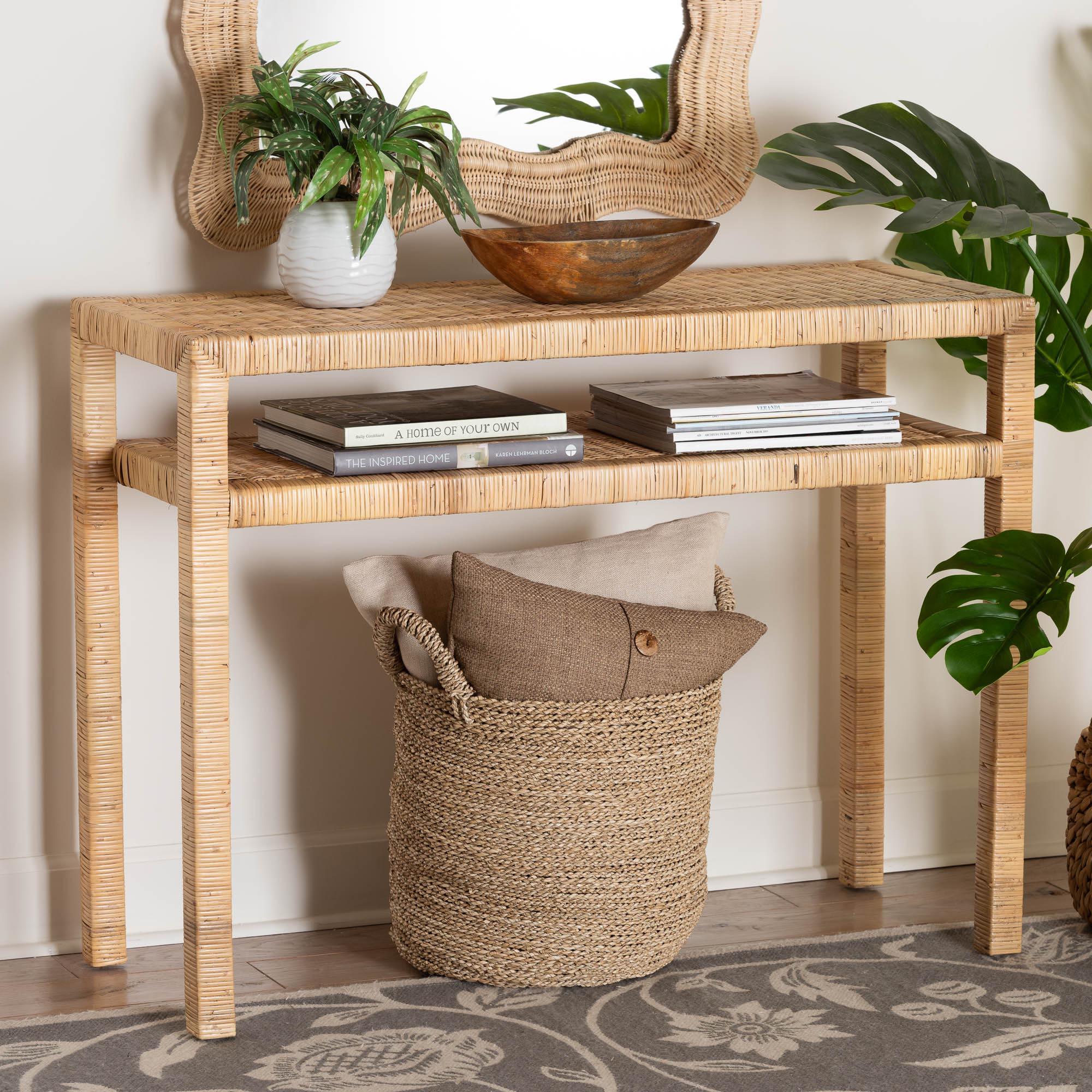 bali & pari Kalimantan Bohemian Light Honey Rattan and Acacia Wood Console Table