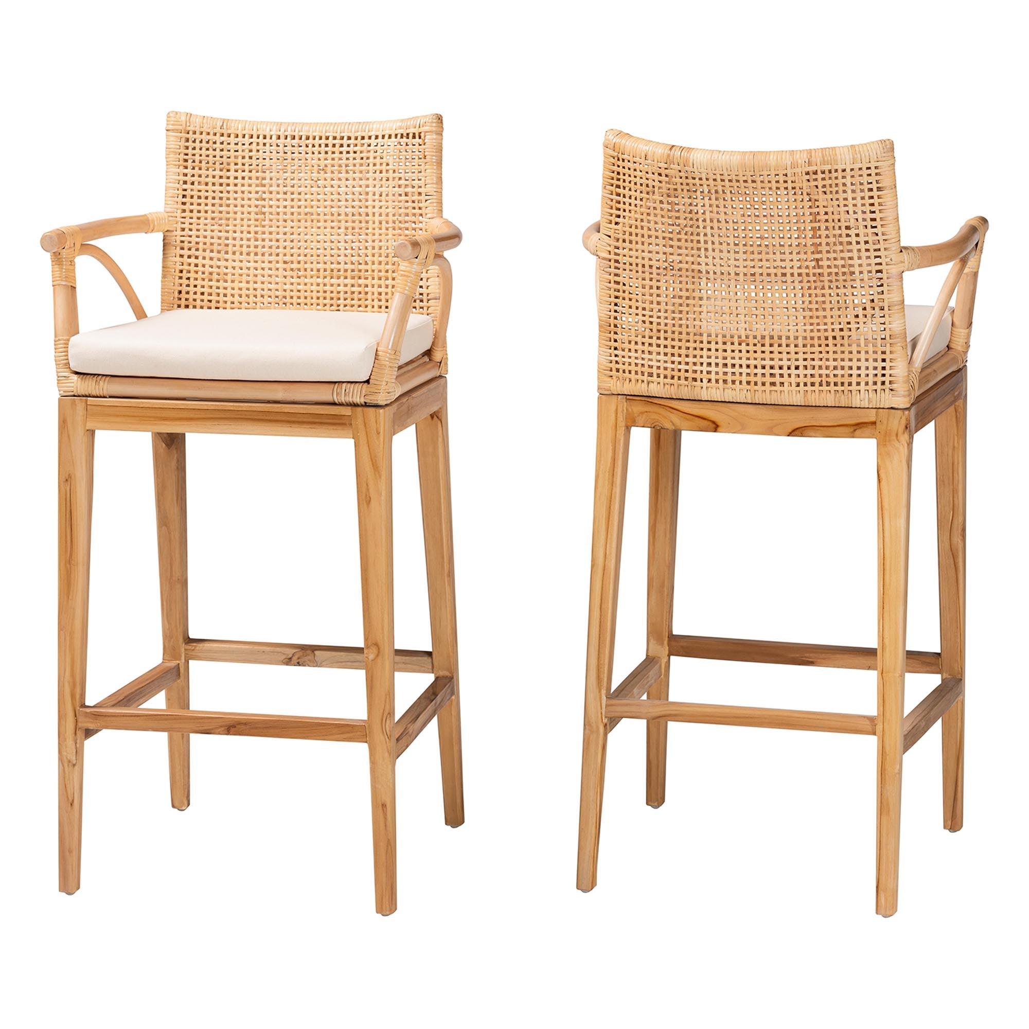 bali & pari Storsel Bohemian Rattan and Teak Wood 2-Piece Bar Stool Set