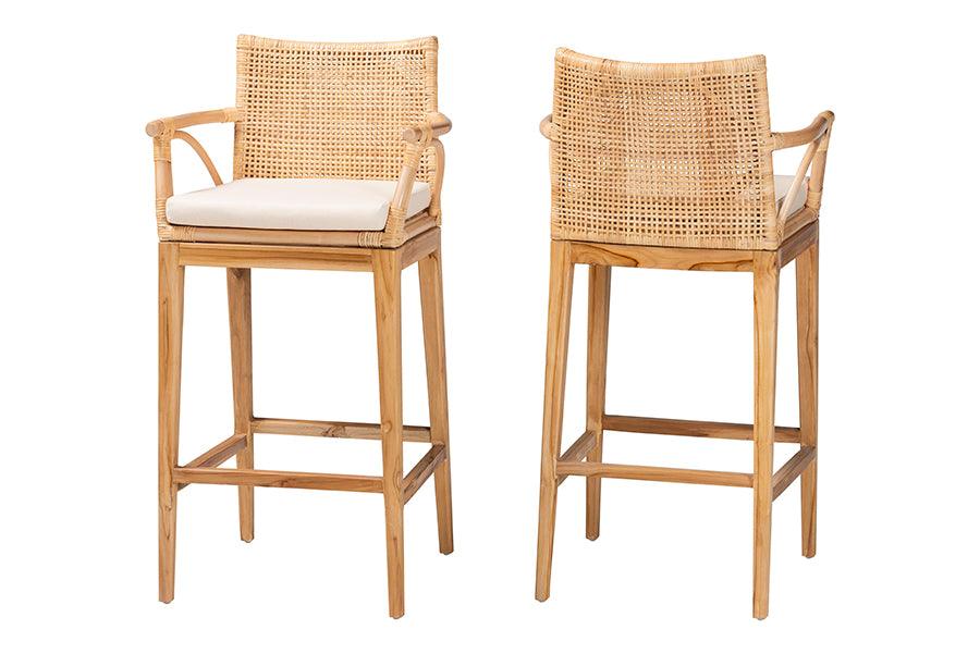 bali & pari Storsel Bohemian Rattan and Teak Wood 2-Piece Bar Stool Set