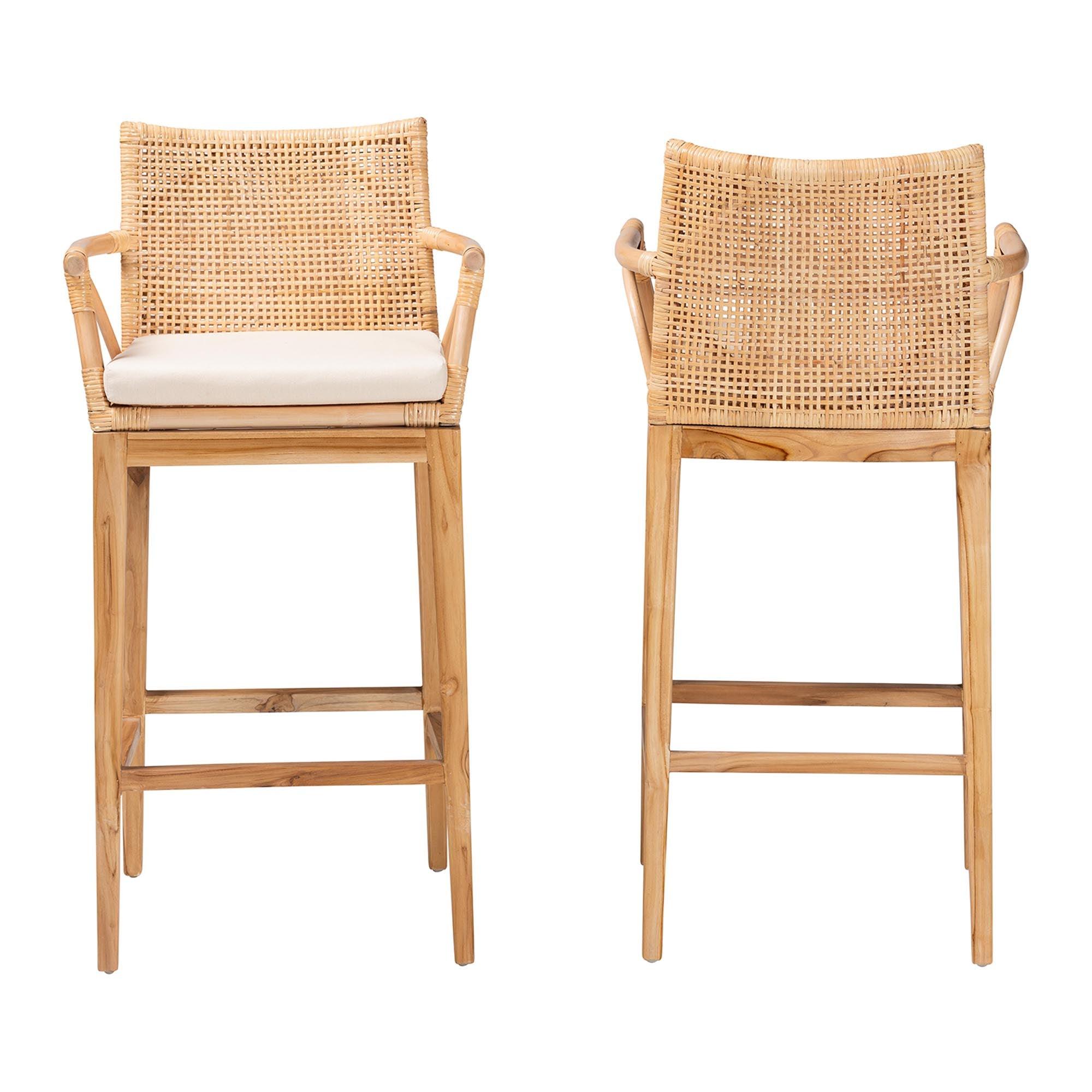 bali & pari Storsel Bohemian Rattan and Teak Wood 2-Piece Bar Stool Set