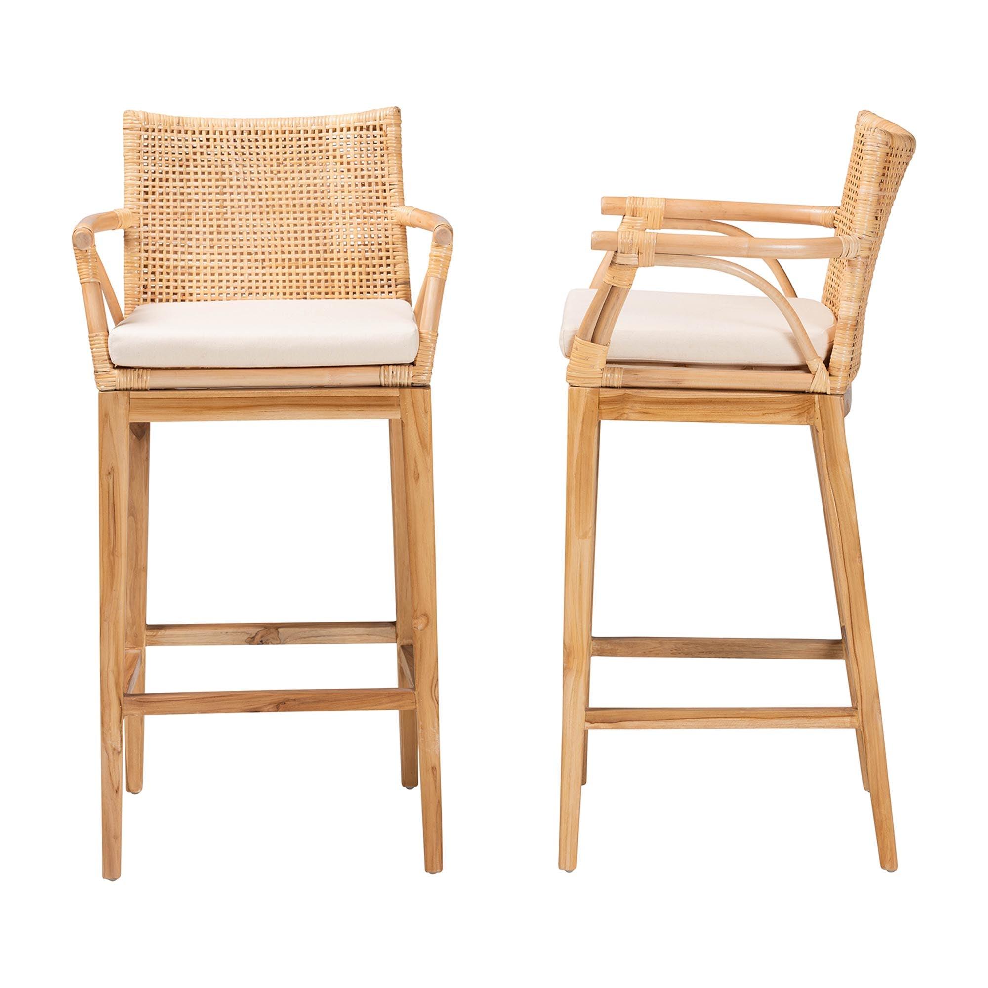 bali & pari Storsel Bohemian Rattan and Teak Wood 2-Piece Bar Stool Set