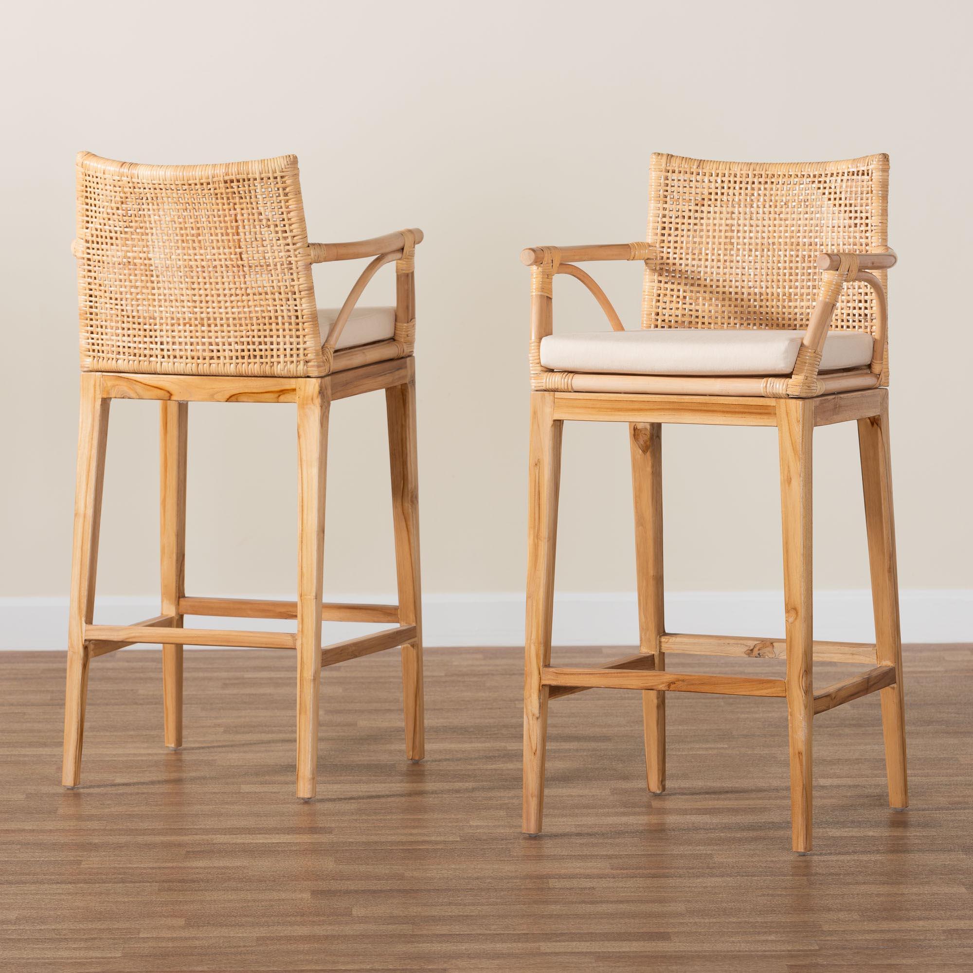 bali & pari Storsel Bohemian Rattan and Teak Wood 2-Piece Bar Stool Set