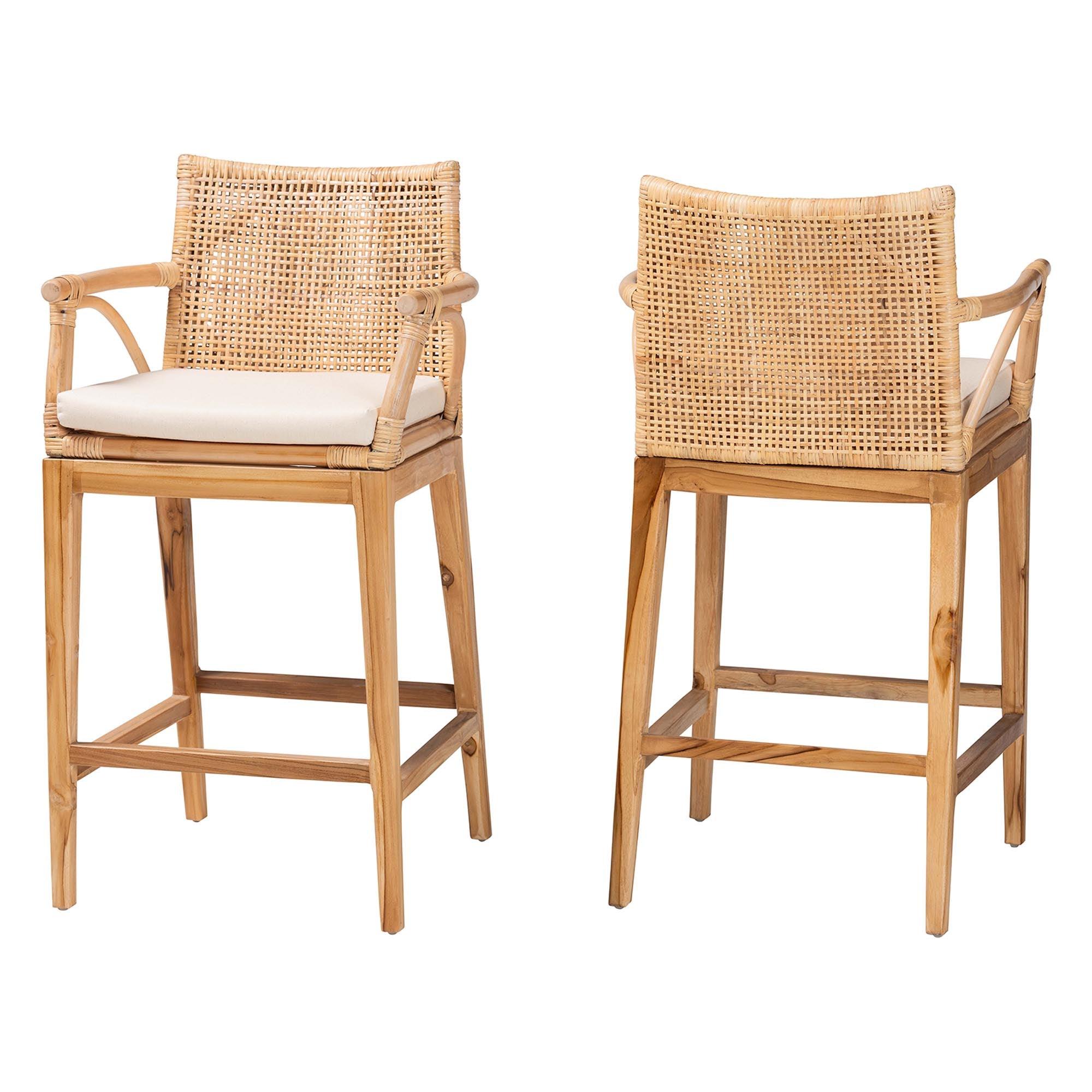 bali & pari Storsel Bohemian Rattan and Teak Wood 2-Piece Counter Stool Set