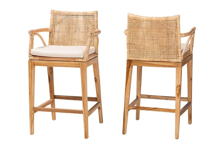 bali & pari Storsel Bohemian Rattan and Teak Wood 2-Piece Counter Stool Set