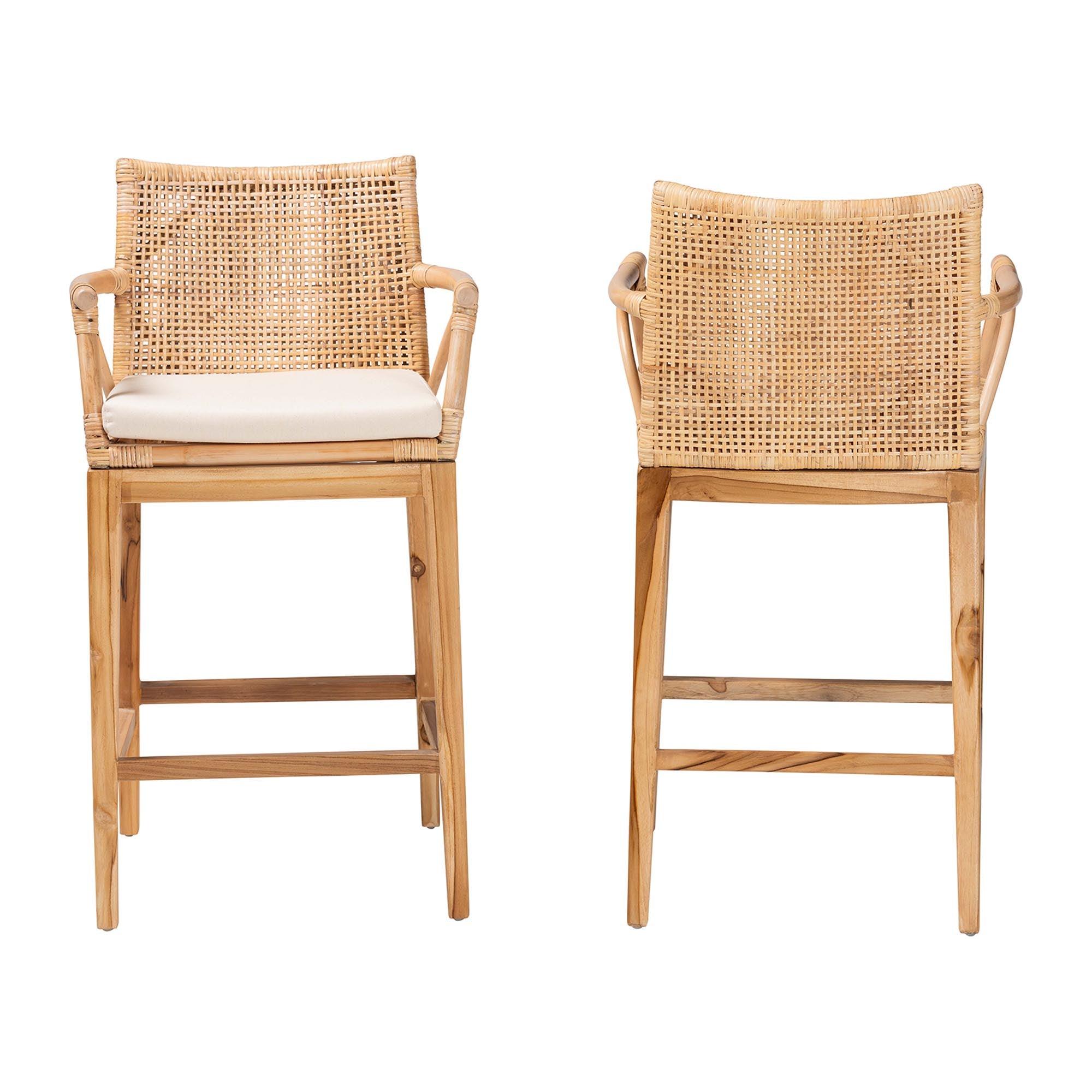 bali & pari Storsel Bohemian Rattan and Teak Wood 2-Piece Counter Stool Set