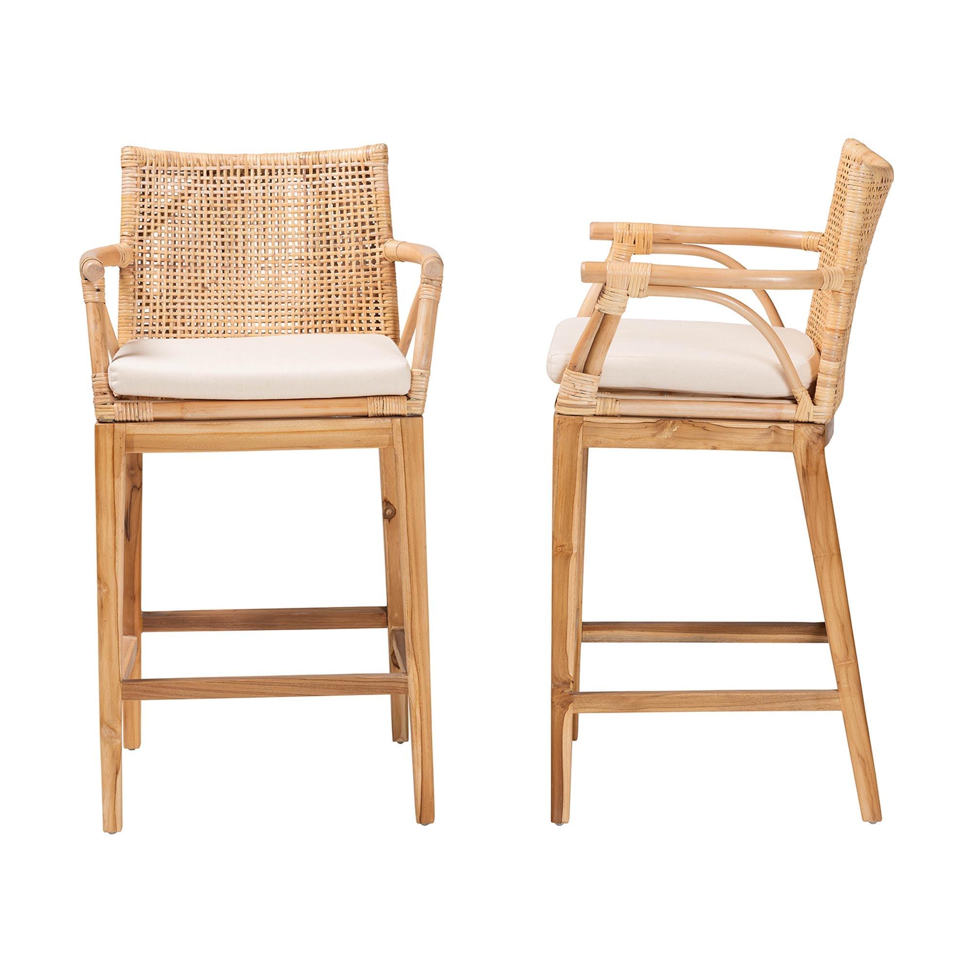 bali & pari Storsel Bohemian Rattan and Teak Wood 2-Piece Counter Stool Set