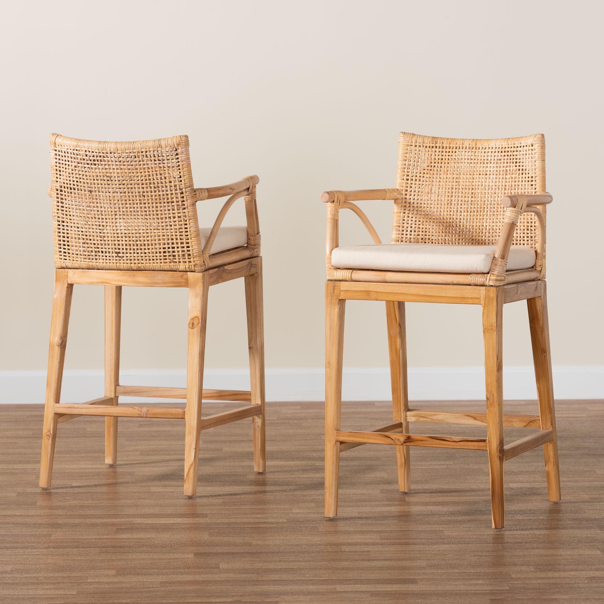 bali & pari Storsel Bohemian Rattan and Teak Wood 2-Piece Counter Stool Set