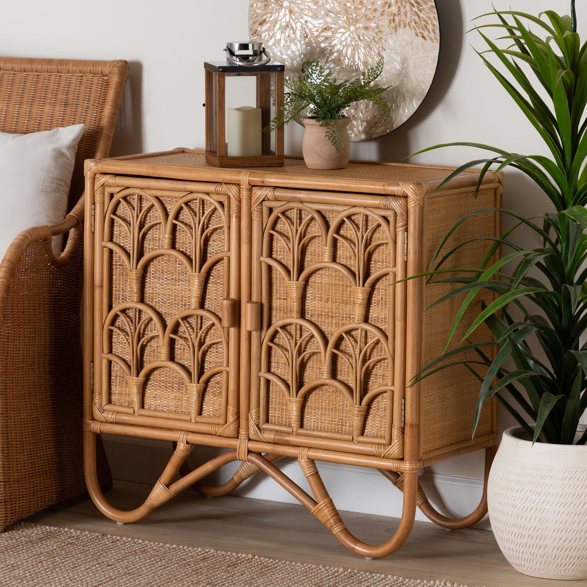 bali & pari Baylor Bohemian Light Honey Rattan Storage Cabinet