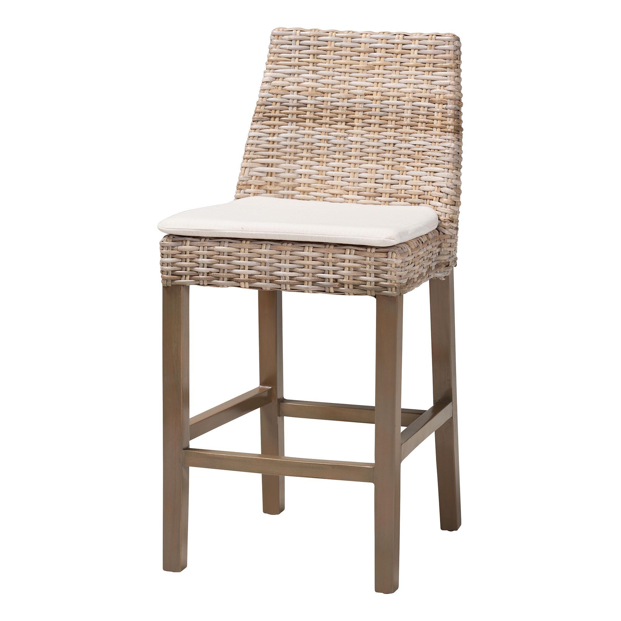 bali & pari Toby Modern Bohemian Kubu Rattan and Rustic Finished Mahogany Wood Counter Stool