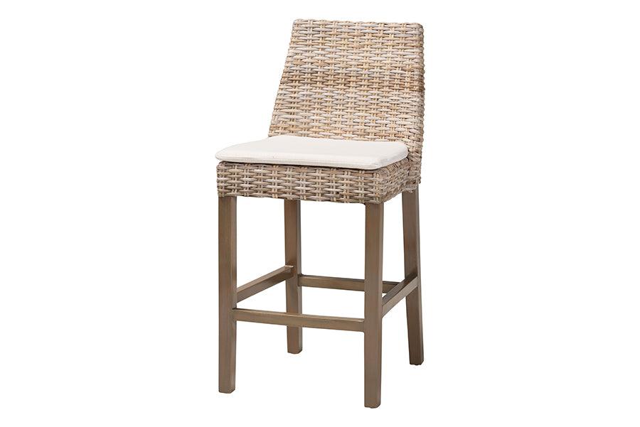 bali & pari Toby Modern Bohemian Kubu Rattan and Rustic Finished Mahogany Wood Counter Stool