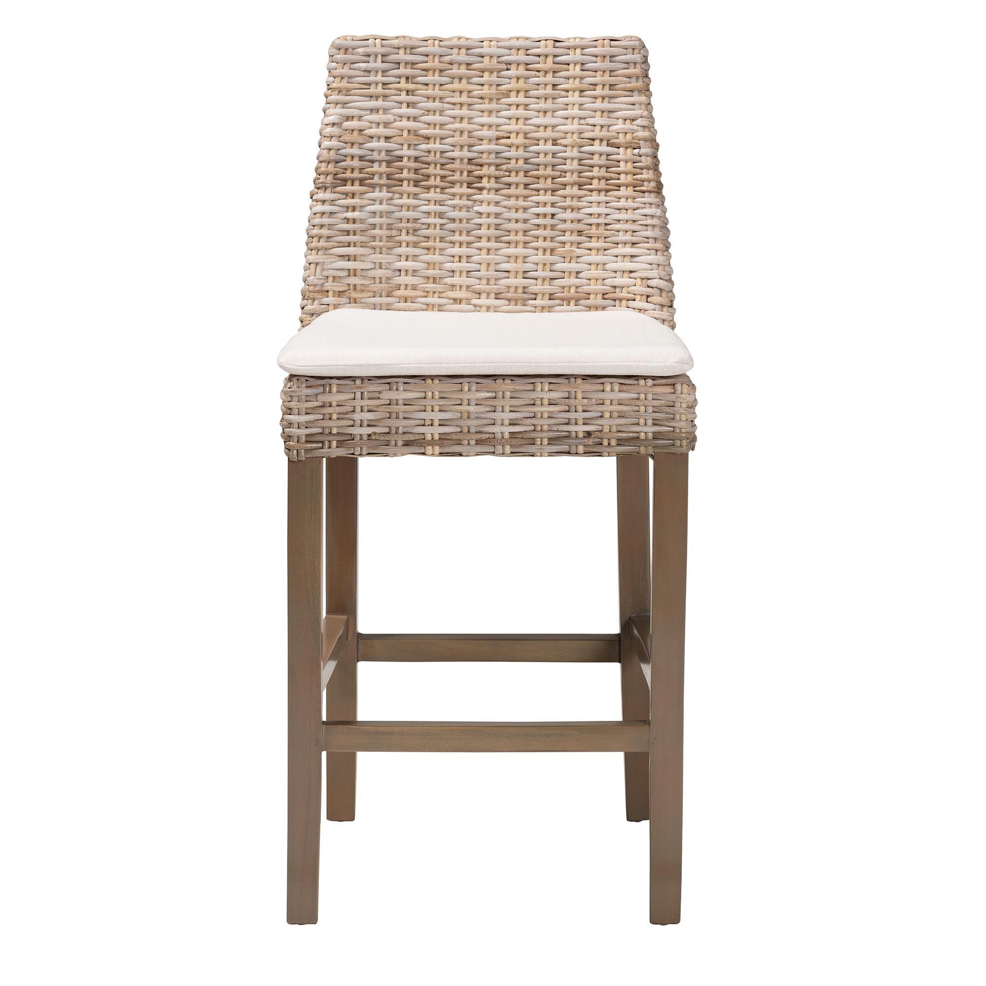 bali & pari Toby Modern Bohemian Kubu Rattan and Rustic Finished Mahogany Wood Counter Stool