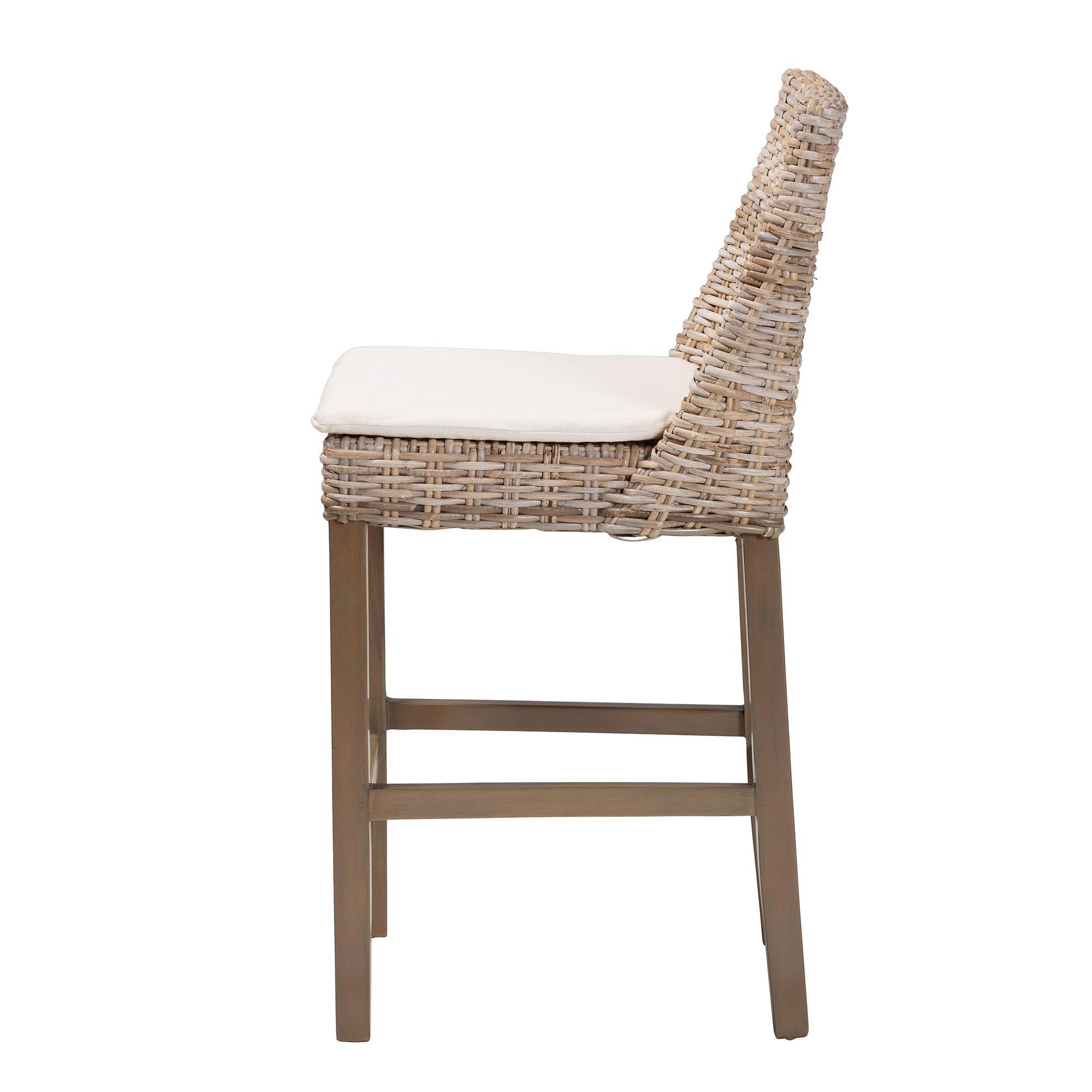 bali & pari Toby Modern Bohemian Kubu Rattan and Rustic Finished Mahogany Wood Counter Stool