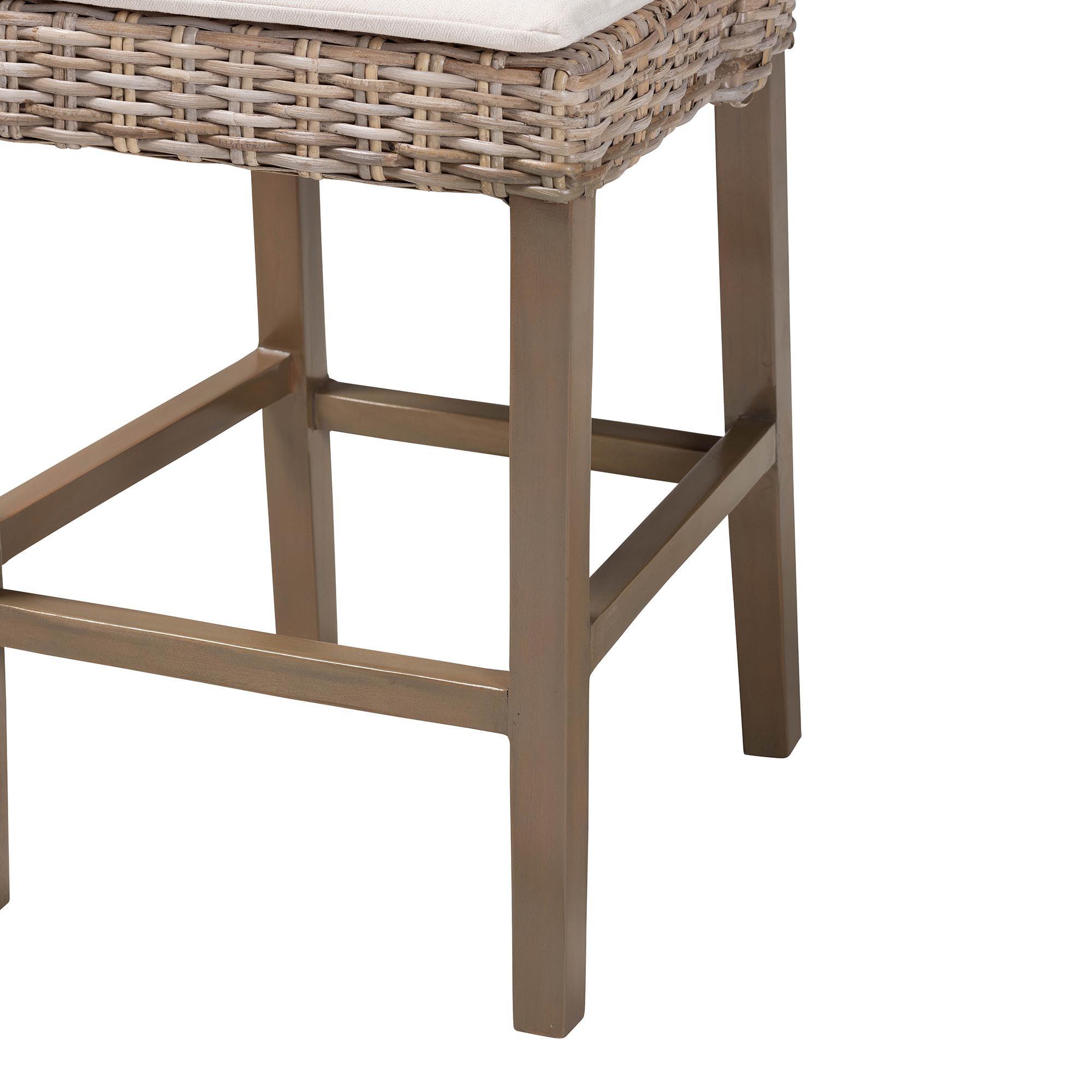 bali & pari Toby Modern Bohemian Kubu Rattan and Rustic Finished Mahogany Wood Counter Stool