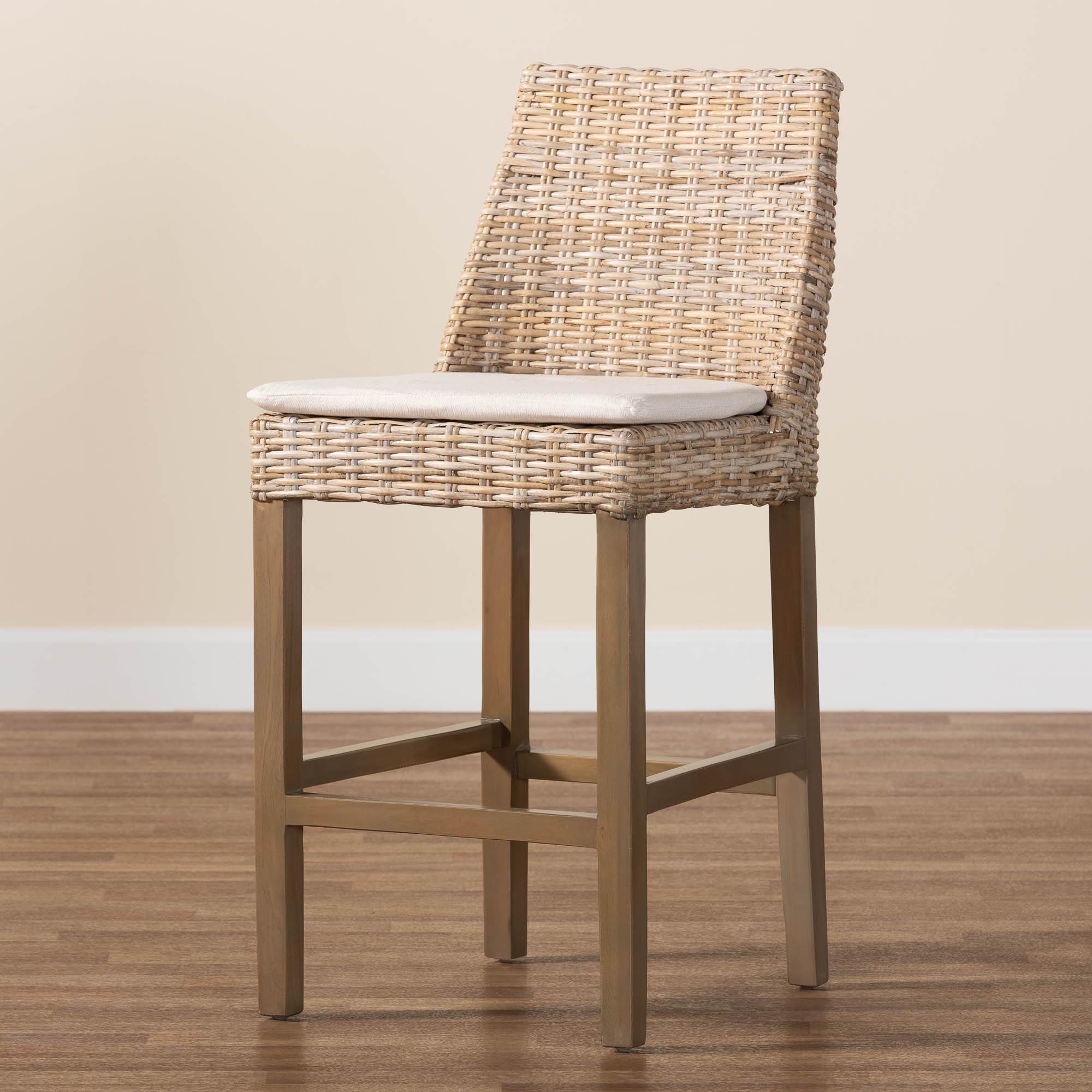 bali & pari Toby Modern Bohemian Kubu Rattan and Rustic Finished Mahogany Wood Counter Stool