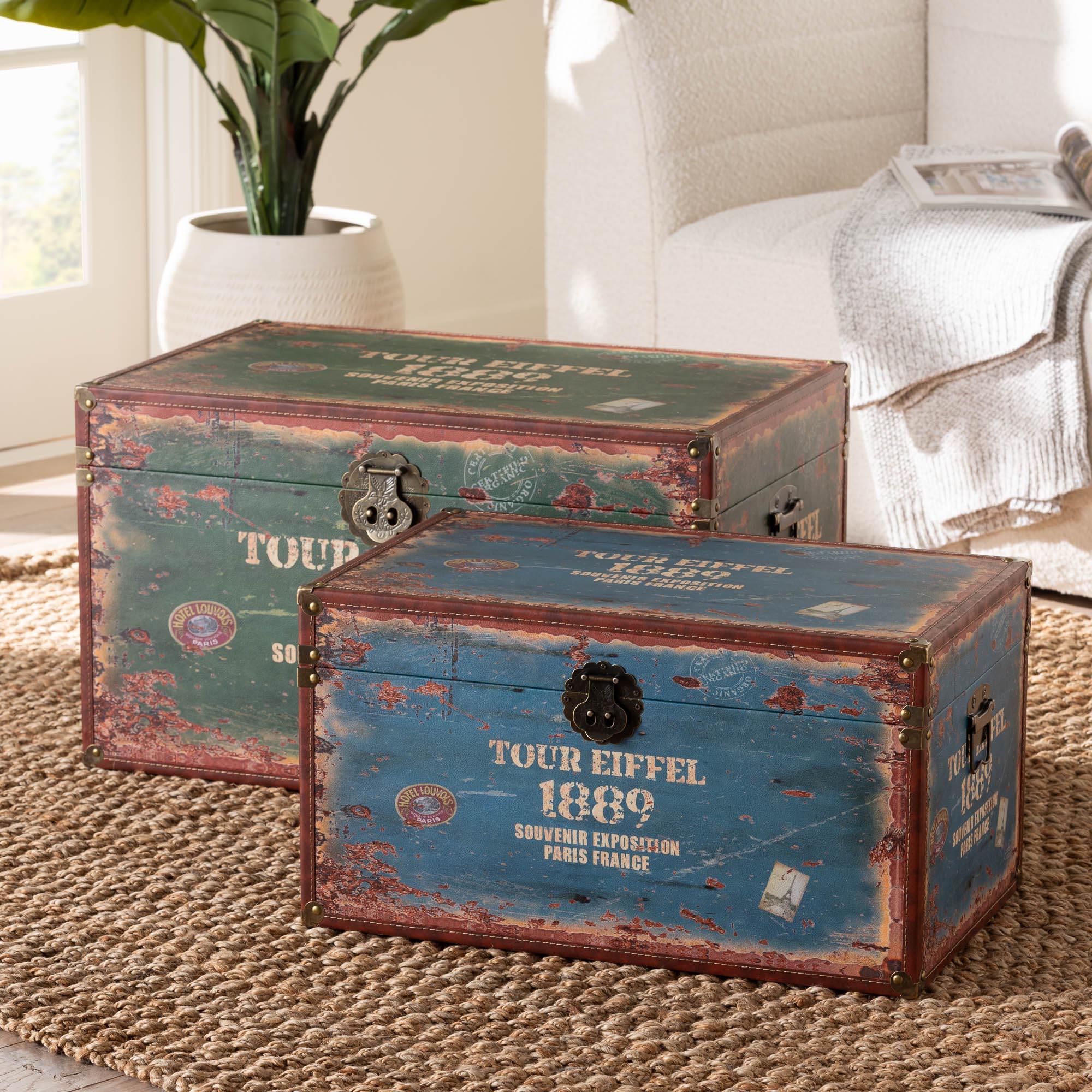 Sabeen Vintage Parisian Faux Leather and Wood 2-Piece Storage Trunk Set