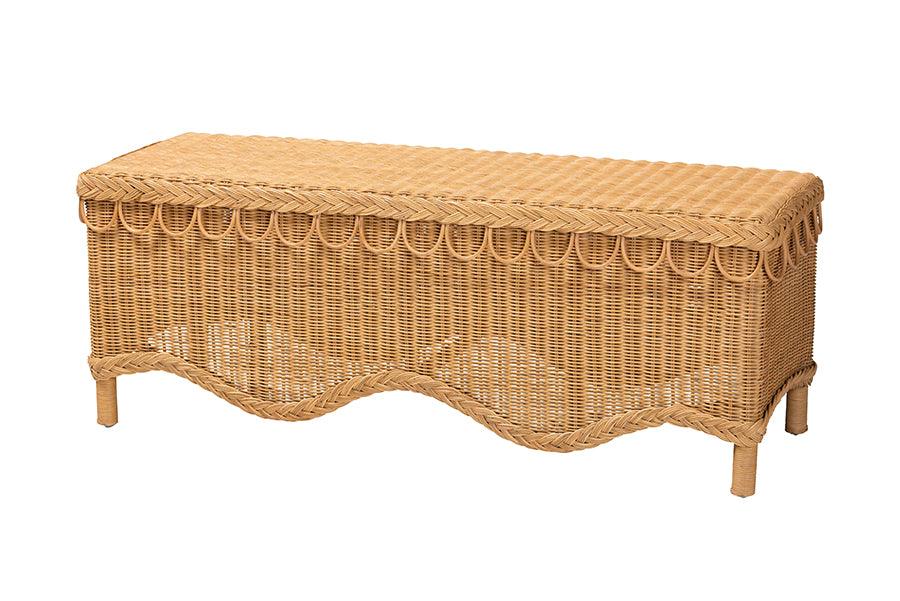 bali & pari Erla Bohemian Light Honey Rattan Accent Bench with Scallop border