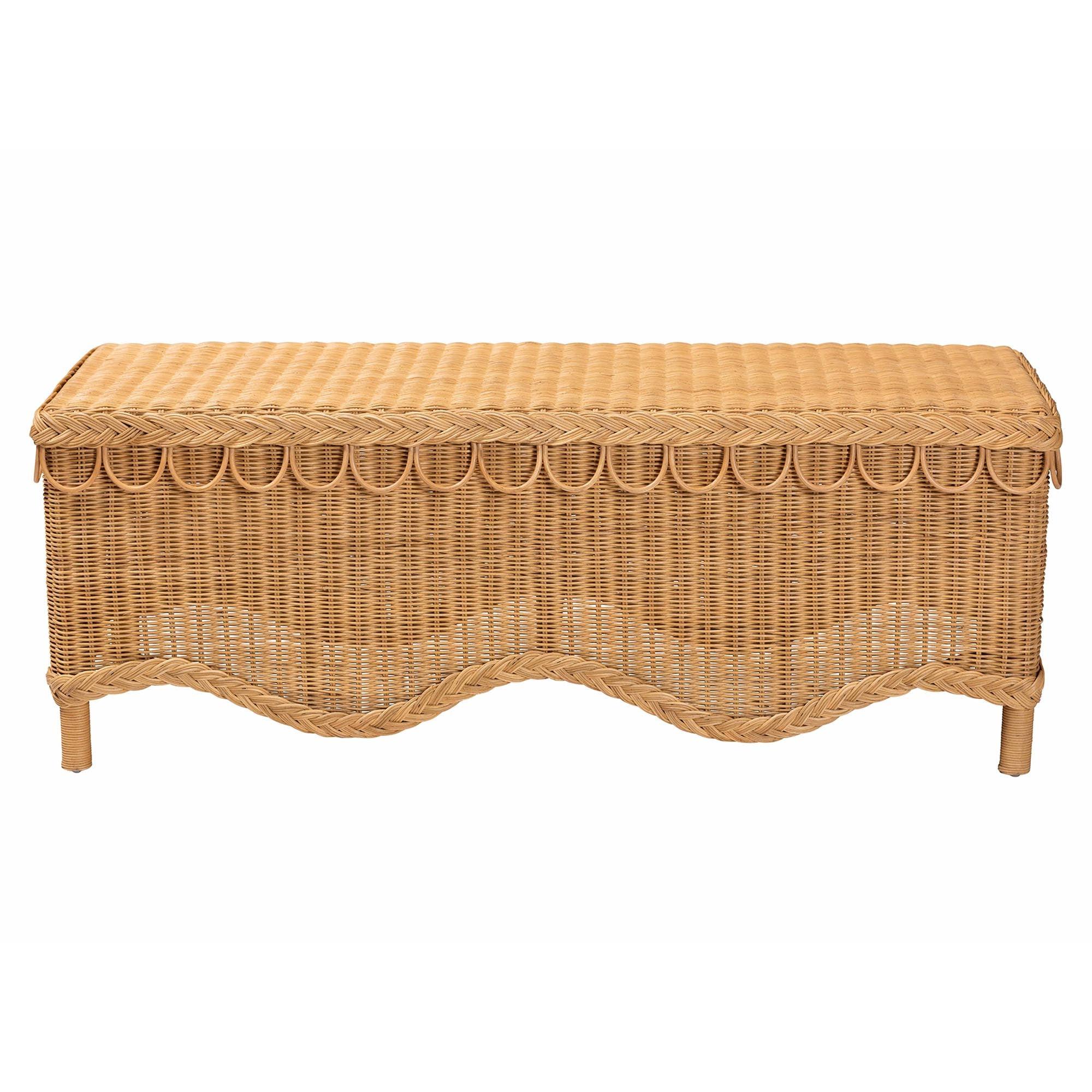 bali & pari Erla Bohemian Light Honey Rattan Accent Bench with Scallop border