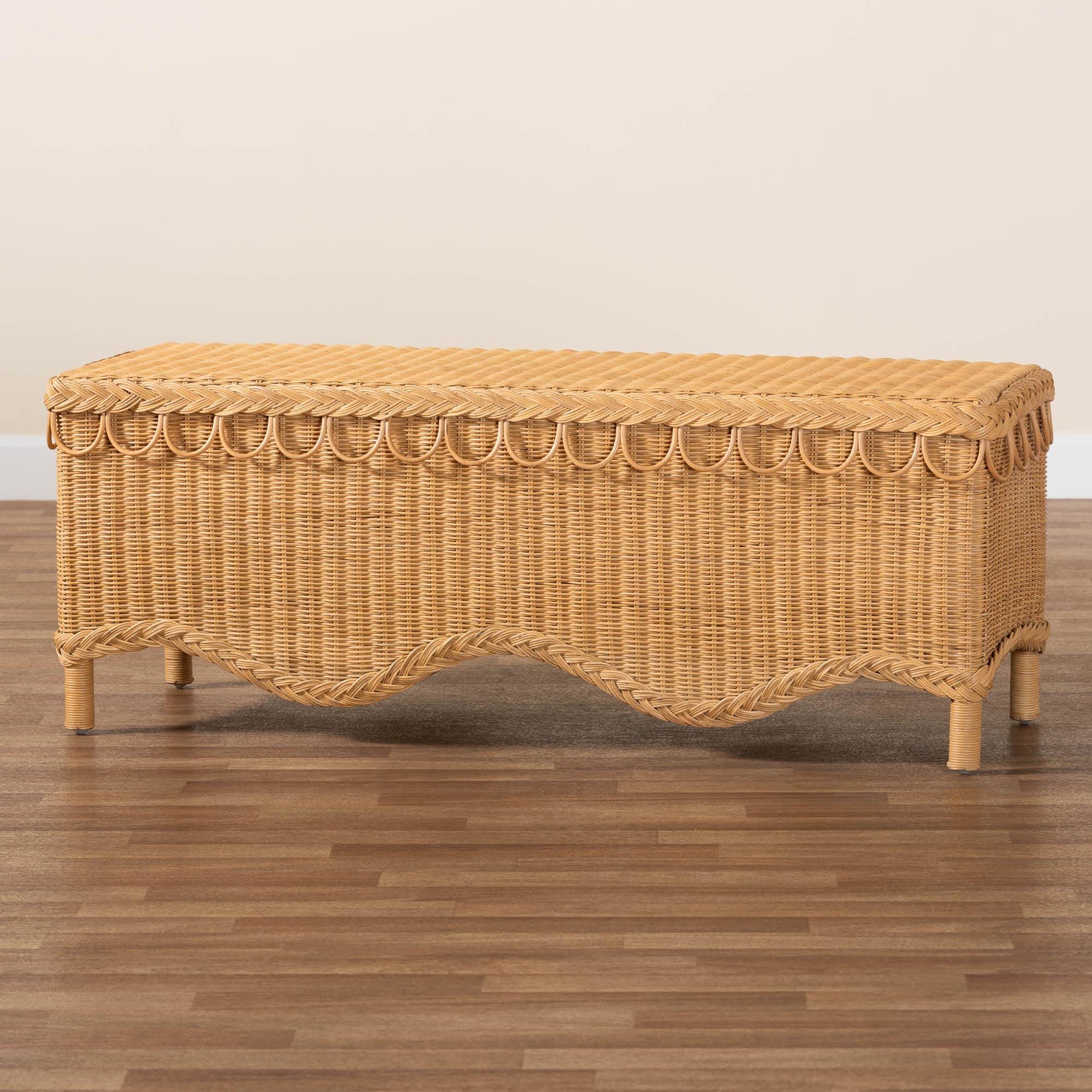 bali & pari Erla Bohemian Light Honey Rattan Accent Bench with Scallop border