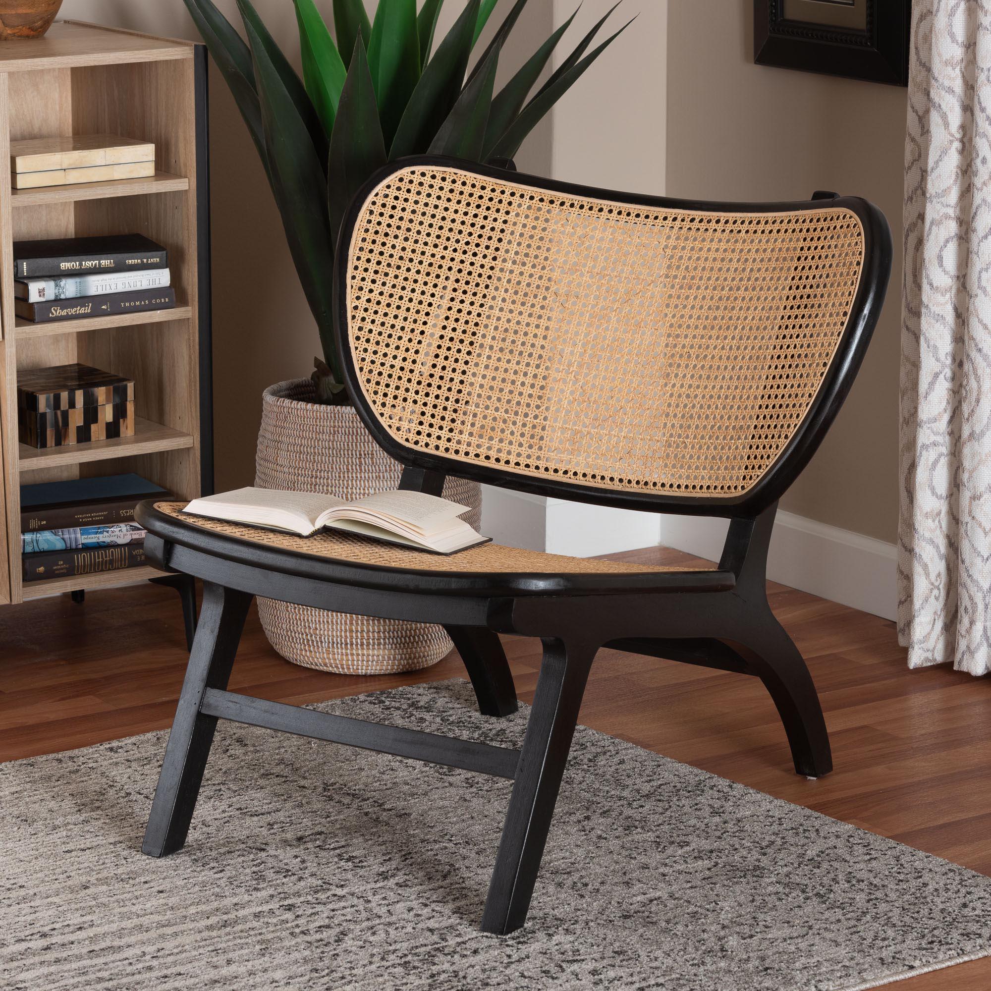 bali & pari Brisbane Bohemian Mahogany Wood and Woven Rattan Accent Chair