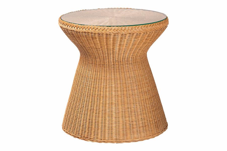 bali & pari Nina Bohemian Light Honey Braided Rattan End Table with Glass Tabletop