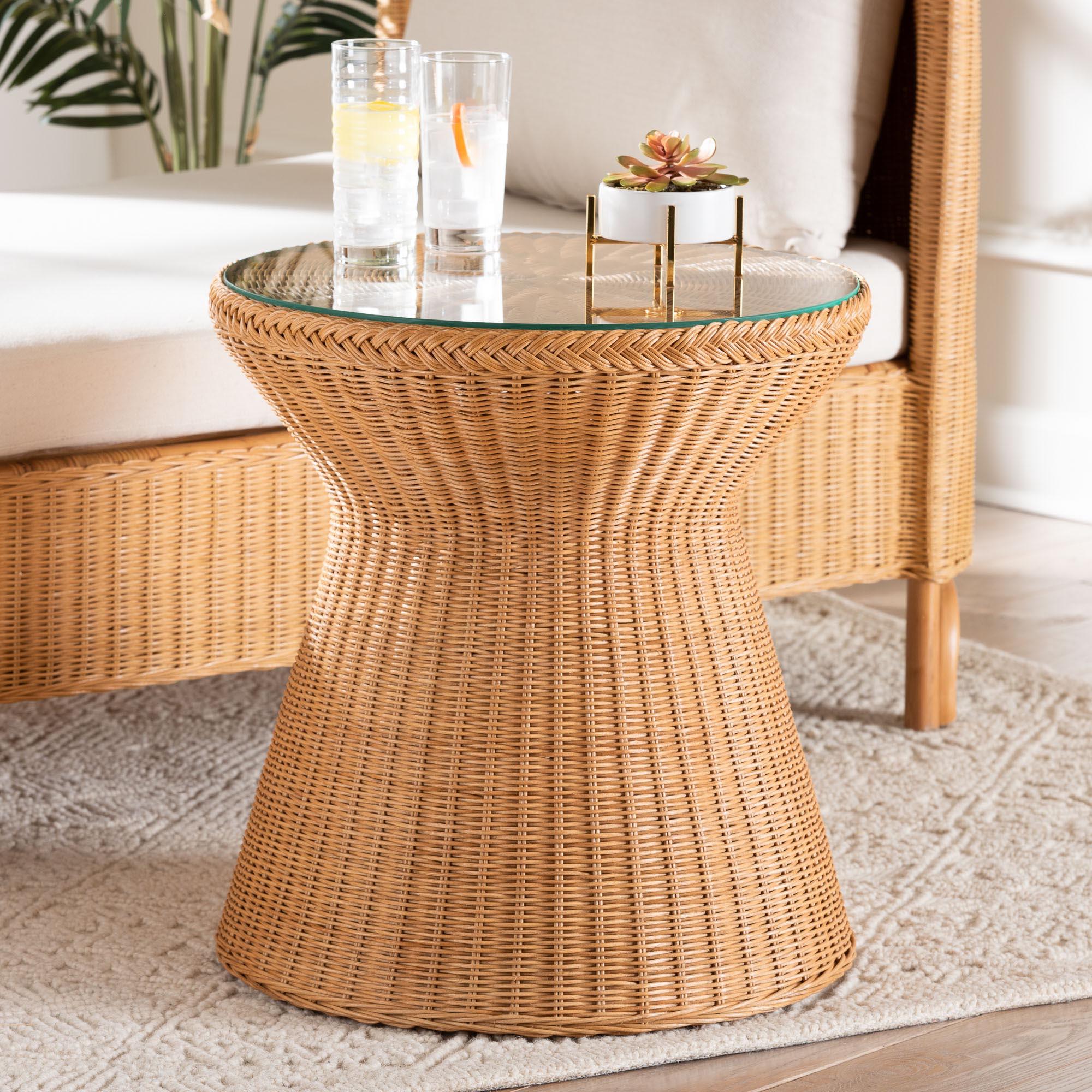 bali & pari Nina Bohemian Light Honey Braided Rattan End Table with Glass Tabletop