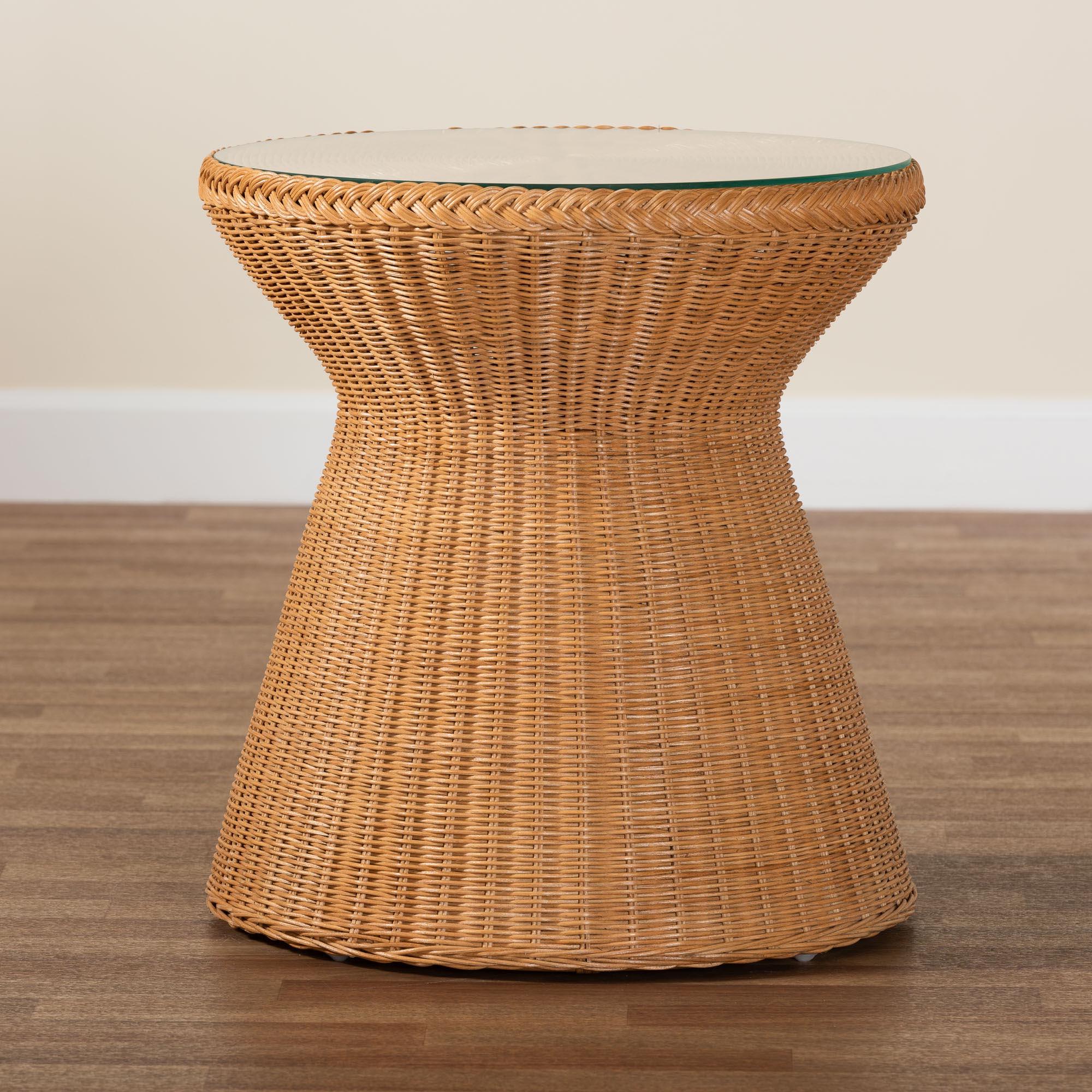 bali & pari Nina Bohemian Light Honey Braided Rattan End Table with Glass Tabletop