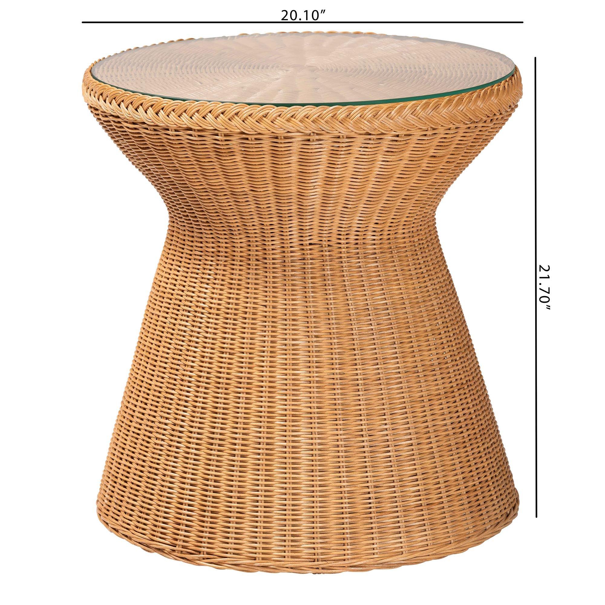 bali & pari Nina Bohemian Light Honey Braided Rattan End Table with Glass Tabletop