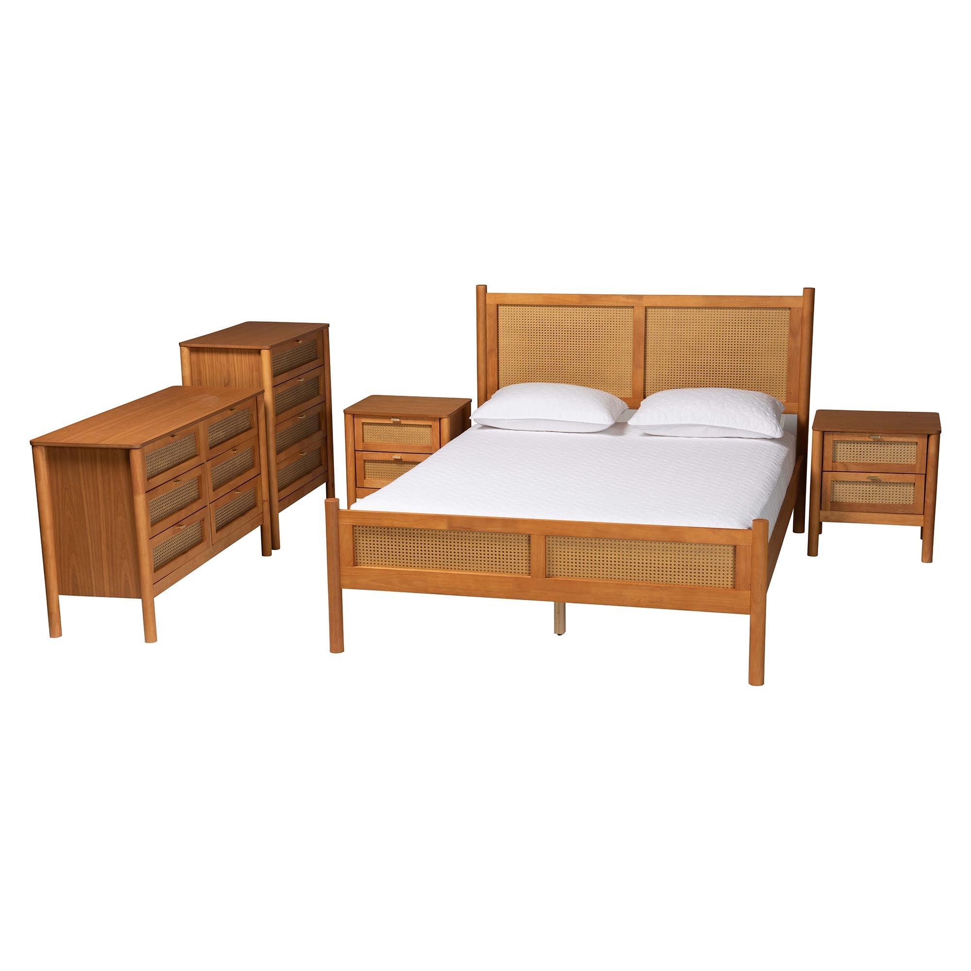 Jenn en Wood Japandi 5-Piece Bedroom Set with Distressed-Finished Rattan