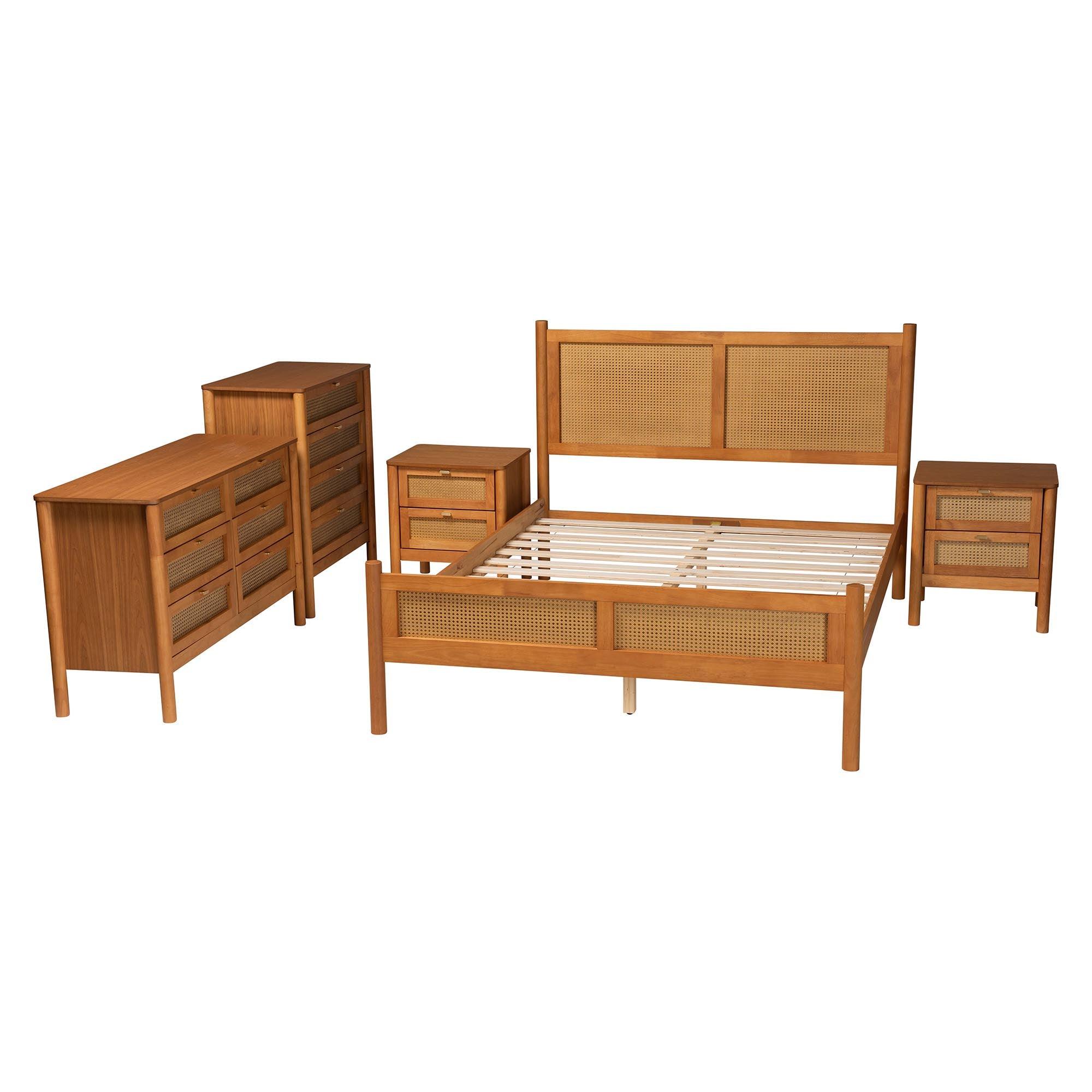 Jenn en Wood Japandi 5-Piece Bedroom Set with Distressed-Finished Rattan