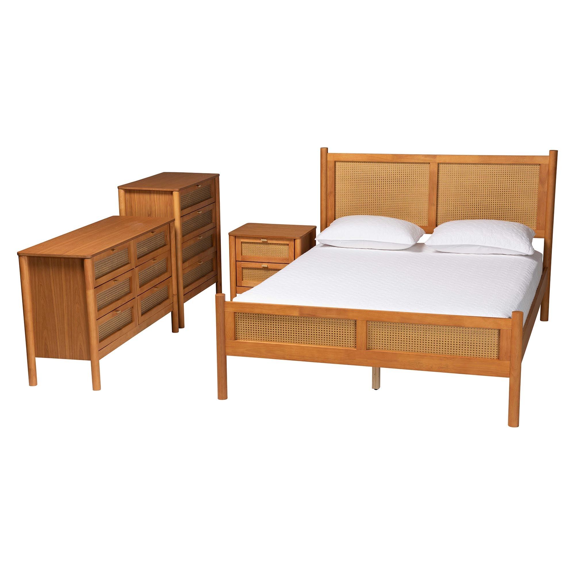 Jenn en Wood Japandi 4-Piece Bedroom Set with Distressed-Finished Rattan