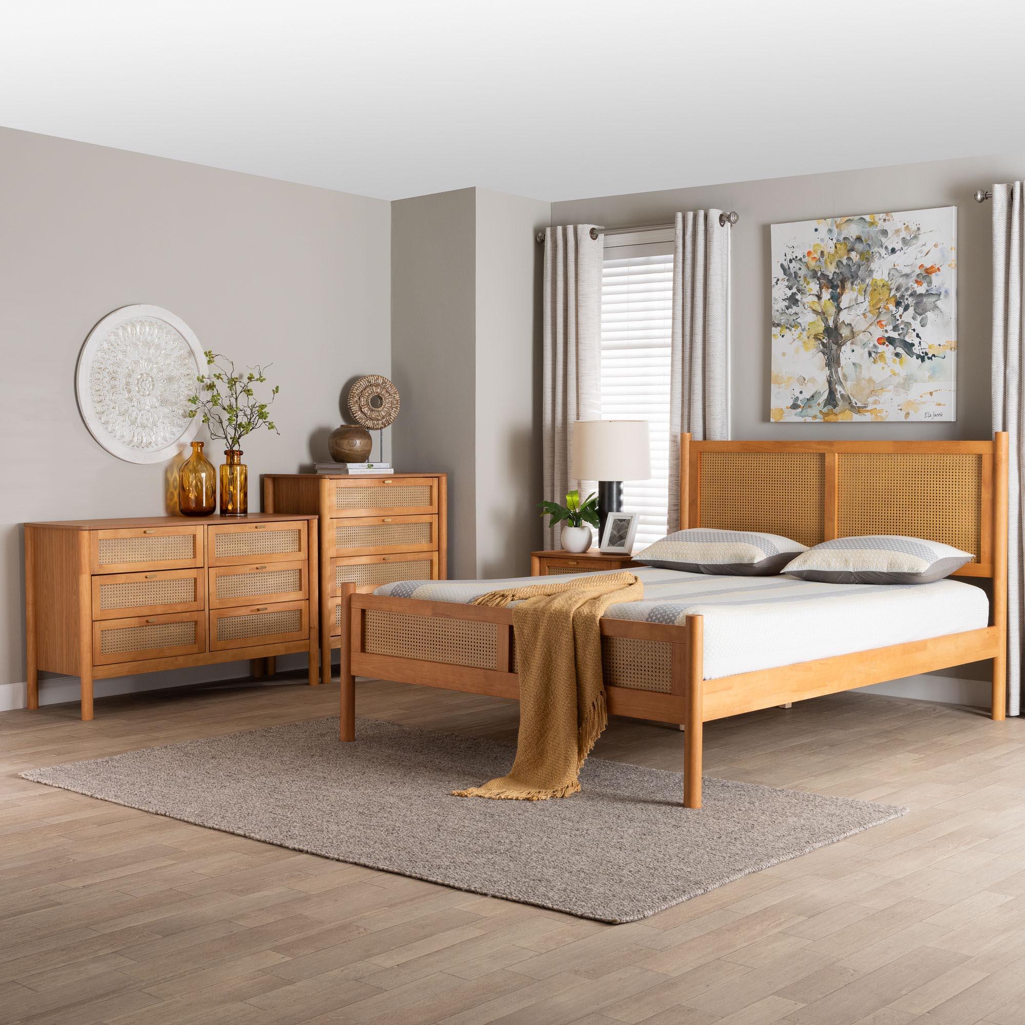 Jenn en Wood Japandi 4-Piece Bedroom Set with Distressed-Finished Rattan