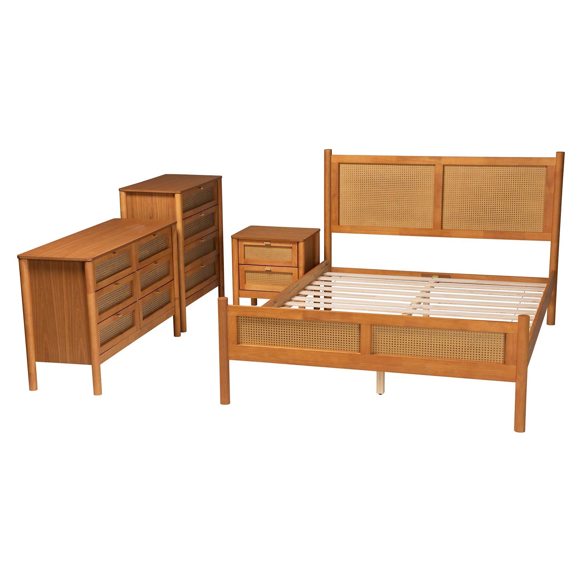 Jenn en Wood Japandi 4-Piece Bedroom Set with Distressed-Finished Rattan