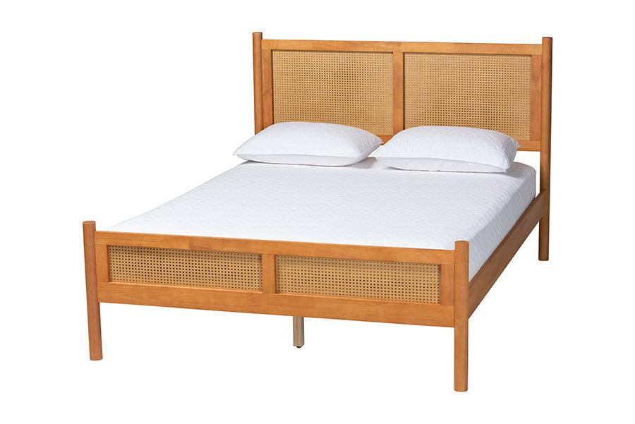 Jenn en Wood Japandi Platform Bed with Distressed-Finished Rattan