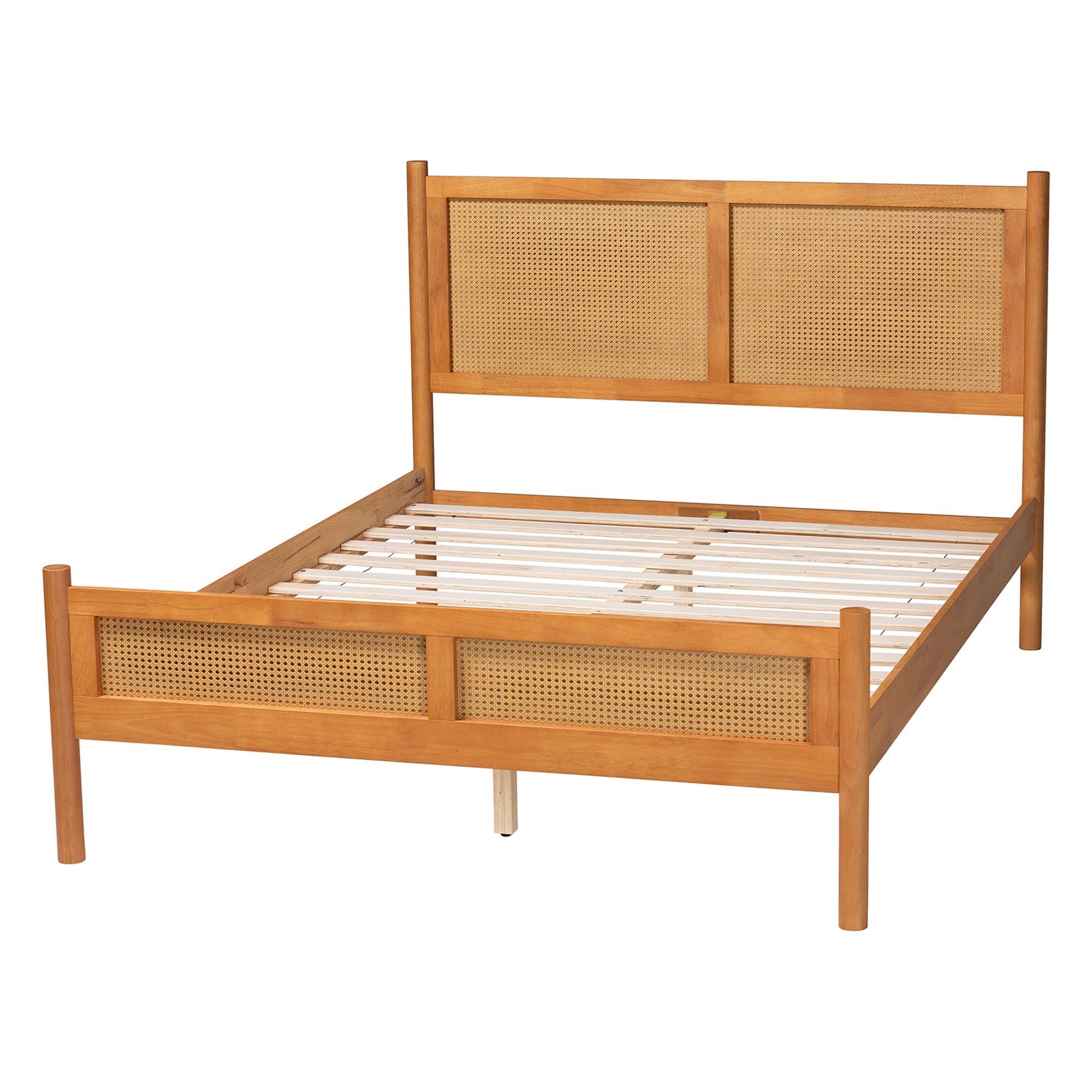 Jenn en Wood Japandi Platform Bed with Distressed-Finished Rattan