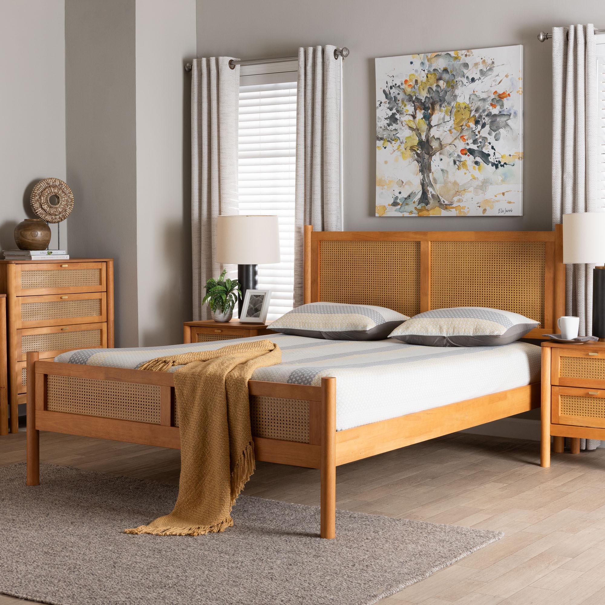 Jenn en Wood Japandi Platform Bed with Distressed-Finished Rattan