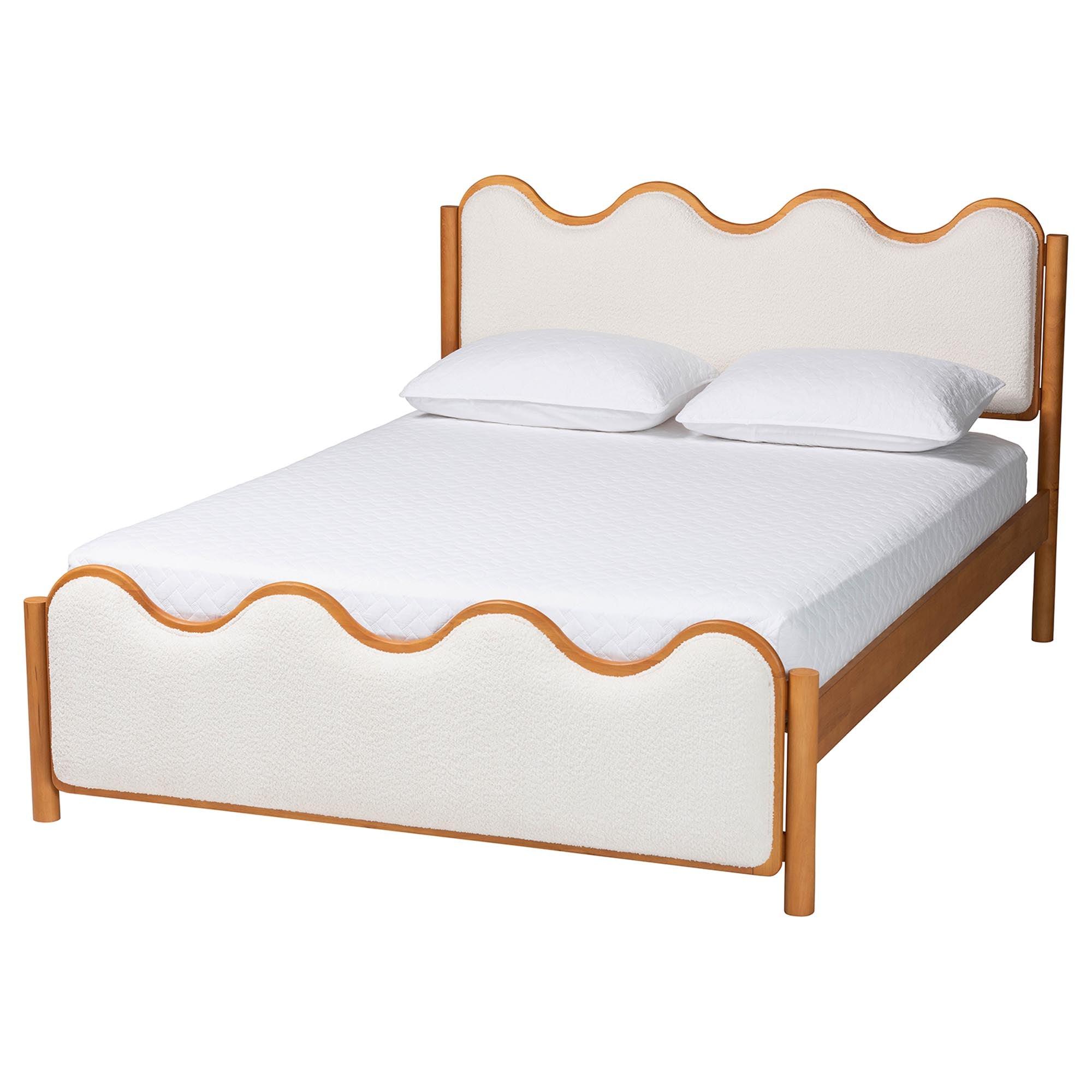 Lilia Mid-Century Modern Scalloped Cream Boucle and Wood Platform Bed