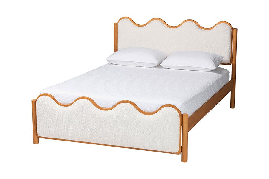 Lilia Mid-Century Modern Scalloped Cream Boucle and Wood Platform Bed