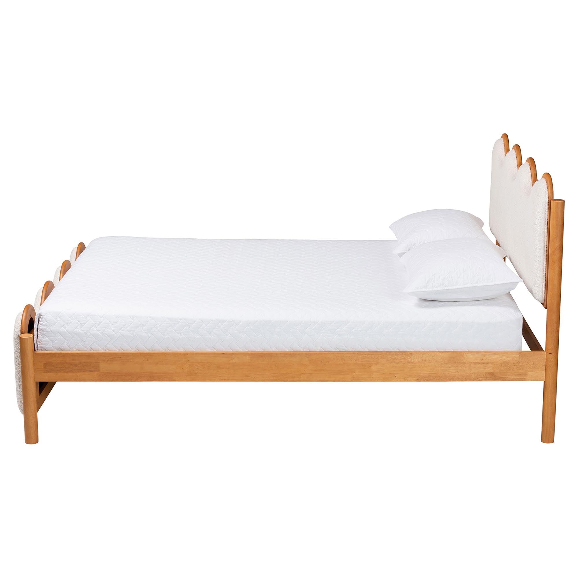 Lilia Mid-Century Modern Scalloped Cream Boucle and Wood Platform Bed